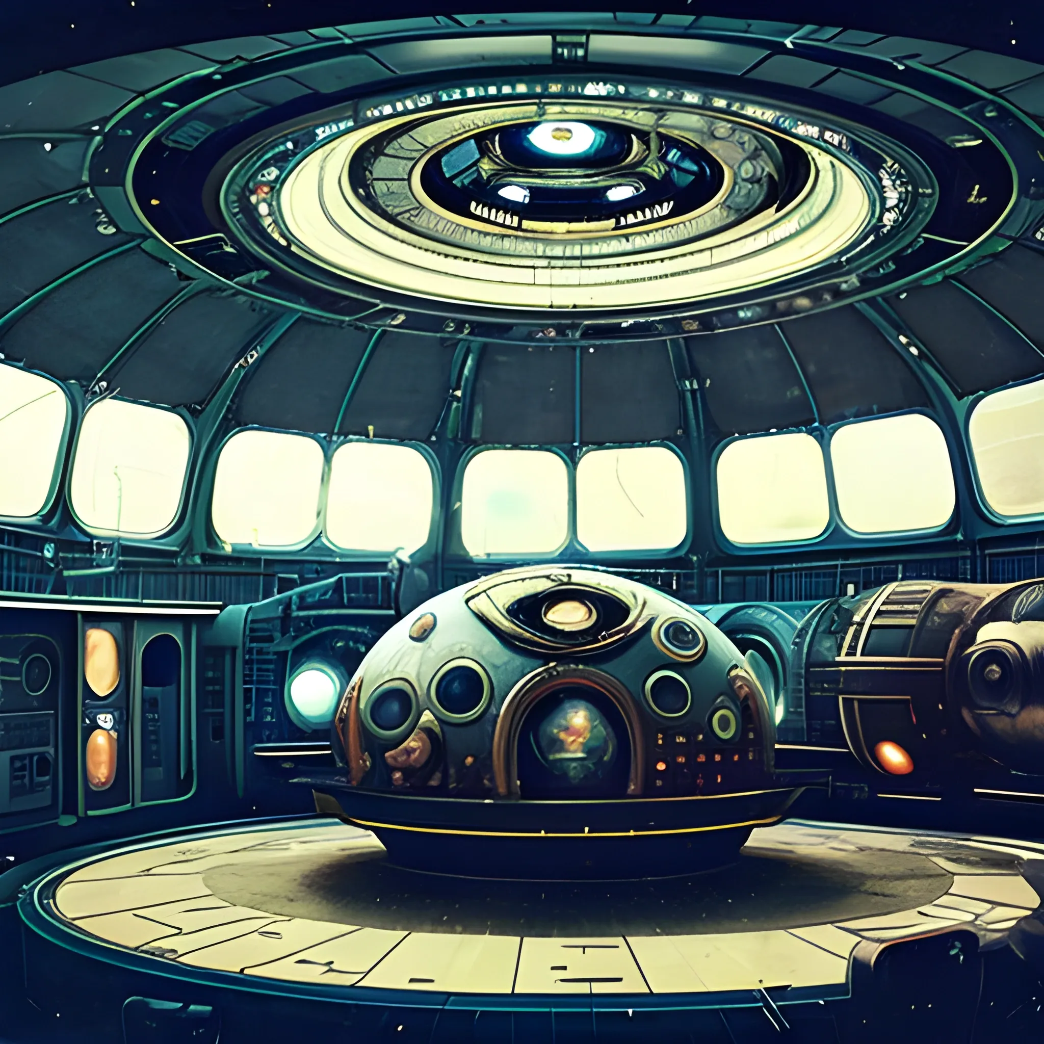 A vibrant cosmic background with a myriad of futuristic spaceships. The central focus is a large, circular space station with a unique, infinity-like shape. The central focus is a large, circular space station with a unique, infinity-like shape. A starship made from the following: a beat up old washer, MRI Machine, Giant Cast Iron Wood Stove, 1934 Winnebago, tons of duct tape, odd vehicle parts, 2 large shipping containers,1924 Deusenberg, a 1934 Winnebago, tons of duct tape, odd vehicle parts, two large shipping containers, and a 1924 Deusenberg. The starships are scattered throughout the image, with some hovering near the station and others dispersed across the cosmic expanse, creating a whimsical and imaginative atmosphere.