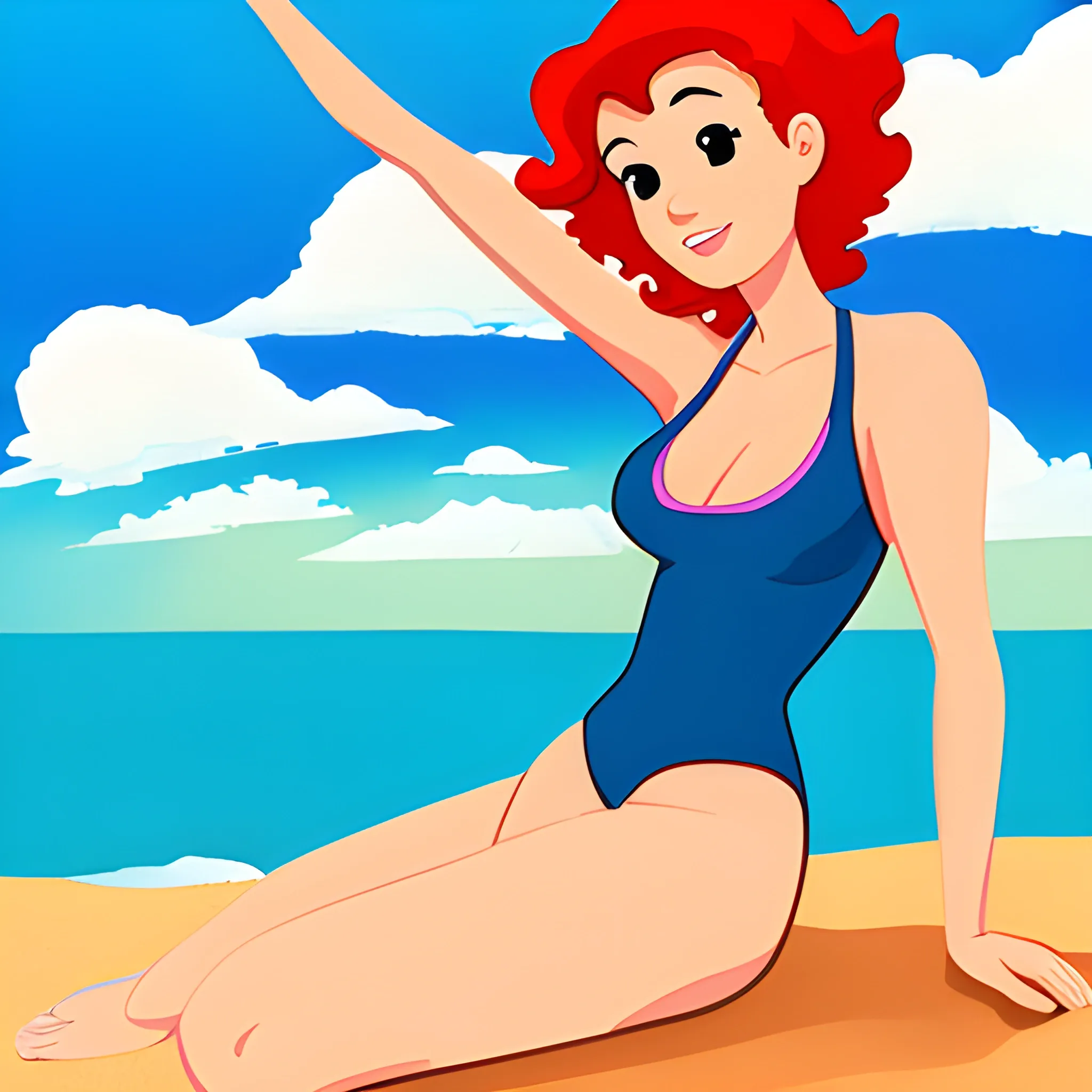 beach landscape, Cartoon woman in swim suit - Arthub.ai