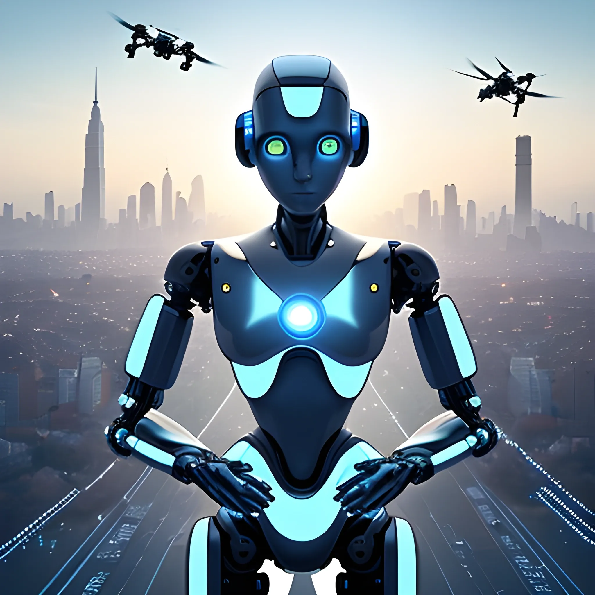 Create an image of AI that represents the future of technology.

Image description: The image depicts a futuristic scene where robots and humans coexist in harmony. In the center of the image stands a humanoid robot, with its metallic body gleaming in the sunlight. The robot's eyes are glowing with artificial intelligence, and its pose exudes confidence and power. In the background, we can see a city bustling with activity, where autonomous cars and drones are transporting people and goods across the urban landscape. The overall vibe is one of excitement and optimism for the possibilities of AI.
