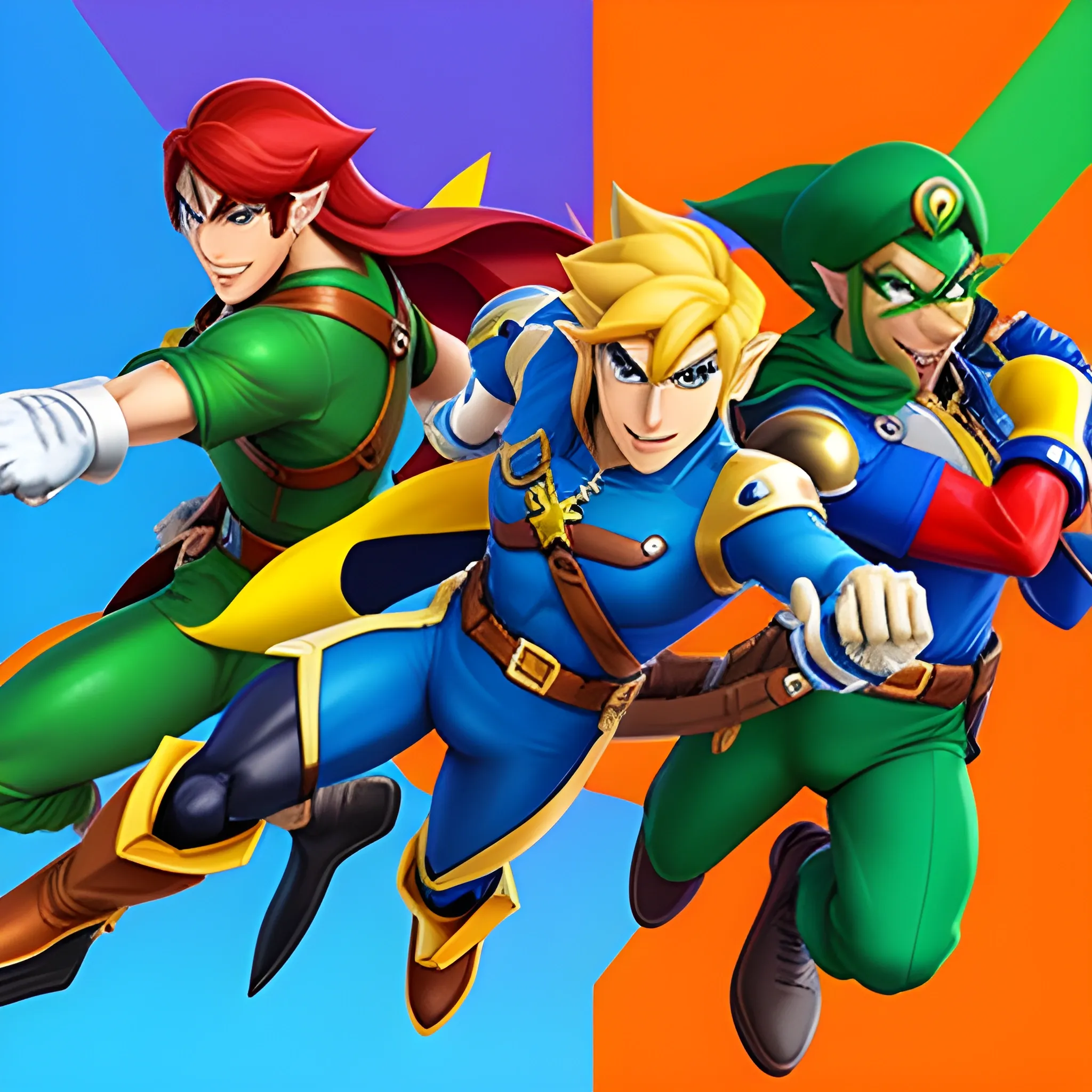 A dynamic and vibrant YouTube banner showcasing a diverse array of Nintendo Switch characters in action. Include Captain Falcon, Roy from Fire Emblem, Ike from Fire Emblem, Princess Peach, Joker from Persona 5, Sonic the Hedgehog, King Dedede, King K. Rool, Mr. Game & Watch, Wolf O'Donnell, Fox, Falco from Star Fox, and adult Link. Place these characters in a sleek, modern design that reflects the variety and excitement of the channel without looking childish. The background should feature a blend of iconic Nintendo environments, such as Hyrule Castle, Green Hill Zone, and a Super Smash Bros. battlefield, creating a sense of epic adventure. Add the channel name, 'PrinceLink86 Gaming,' in bold, stylish text that complements the overall design.