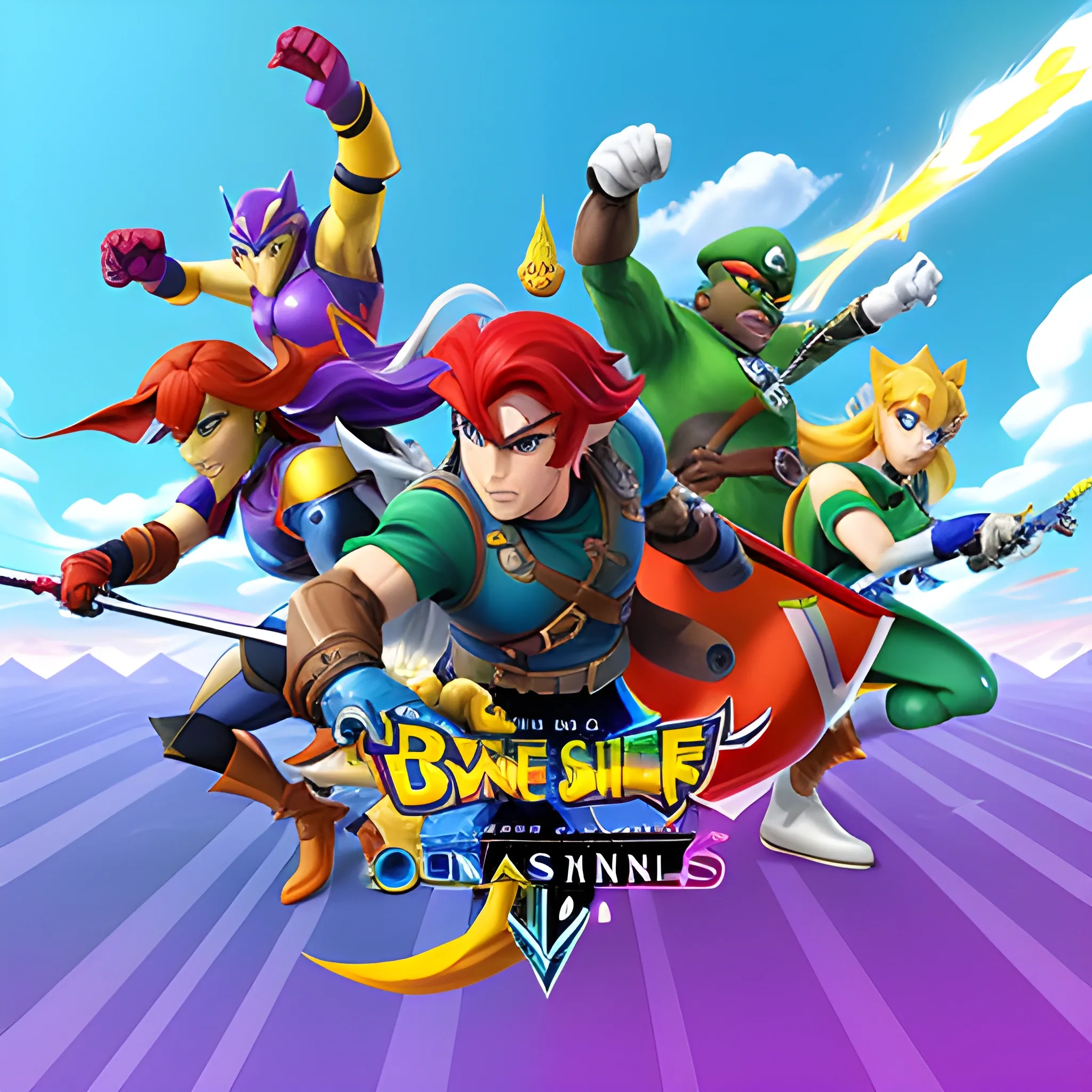 , 3D
A dynamic and vibrant YouTube banner showcasing a diverse array of Nintendo Switch characters in action. Include Captain Falcon, Roy from Fire Emblem, Ike from Fire Emblem, Princess Peach, Joker from Persona 5, Sonic the Hedgehog, King Dedede, King K. Rool, Mr. Game & Watch, Wolf O'Donnell, Fox, Falco from Star Fox, and adult Link. Place these characters in a sleek, modern design that reflects the variety and excitement of the channel without looking childish. The background should feature a blend of iconic Nintendo environments, such as Hyrule Castle, Green Hill Zone, and a Super Smash Bros. battlefield, creating a sense of epic adventure. Add the channel name, 'PrinceLink86 Gaming,' in bold, stylish text that complements the overall design.