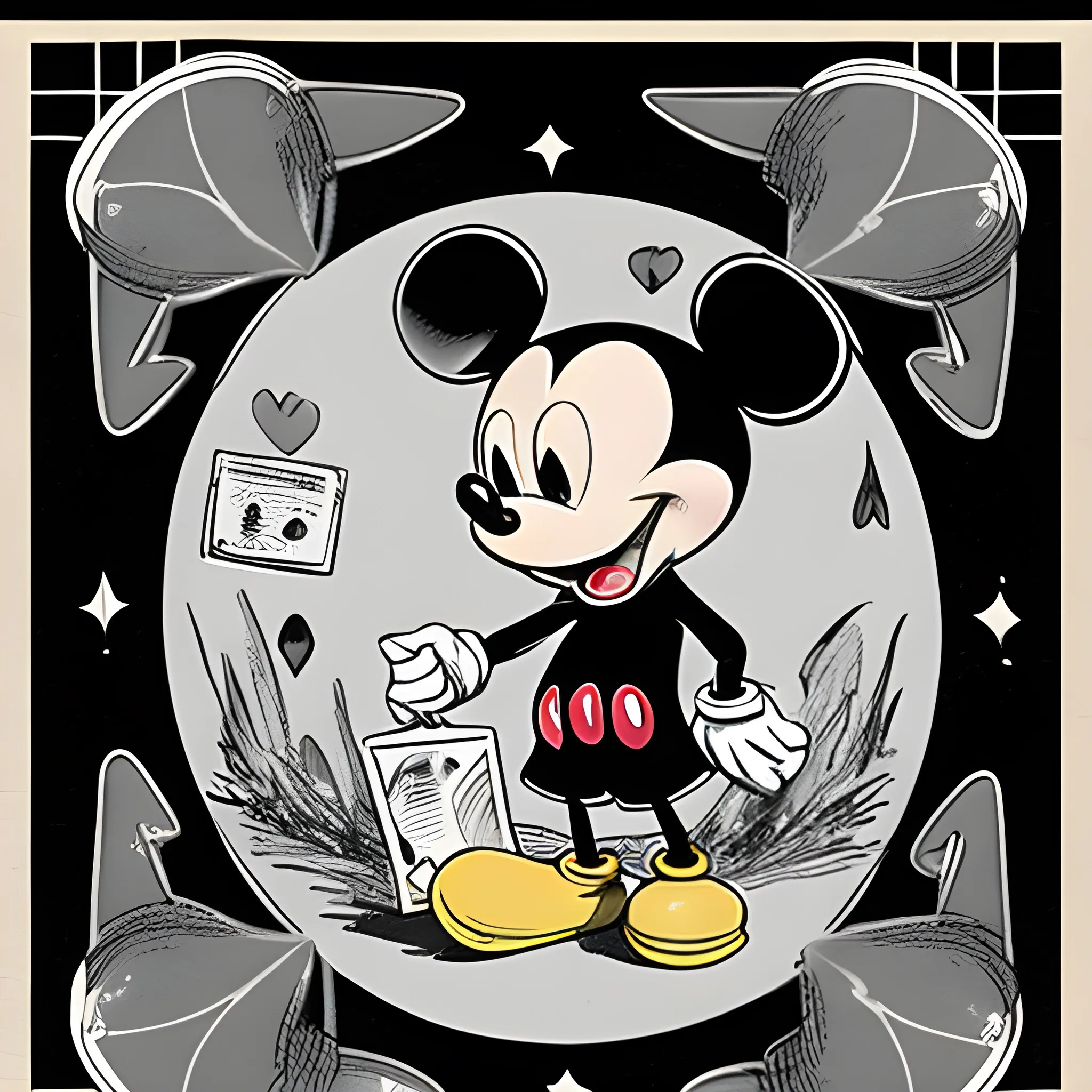 Mickey de 1928 sem luvas, mostrando suas mãos negras segurando uma carta na frente da caixa de correio., Cartoon, Trippy