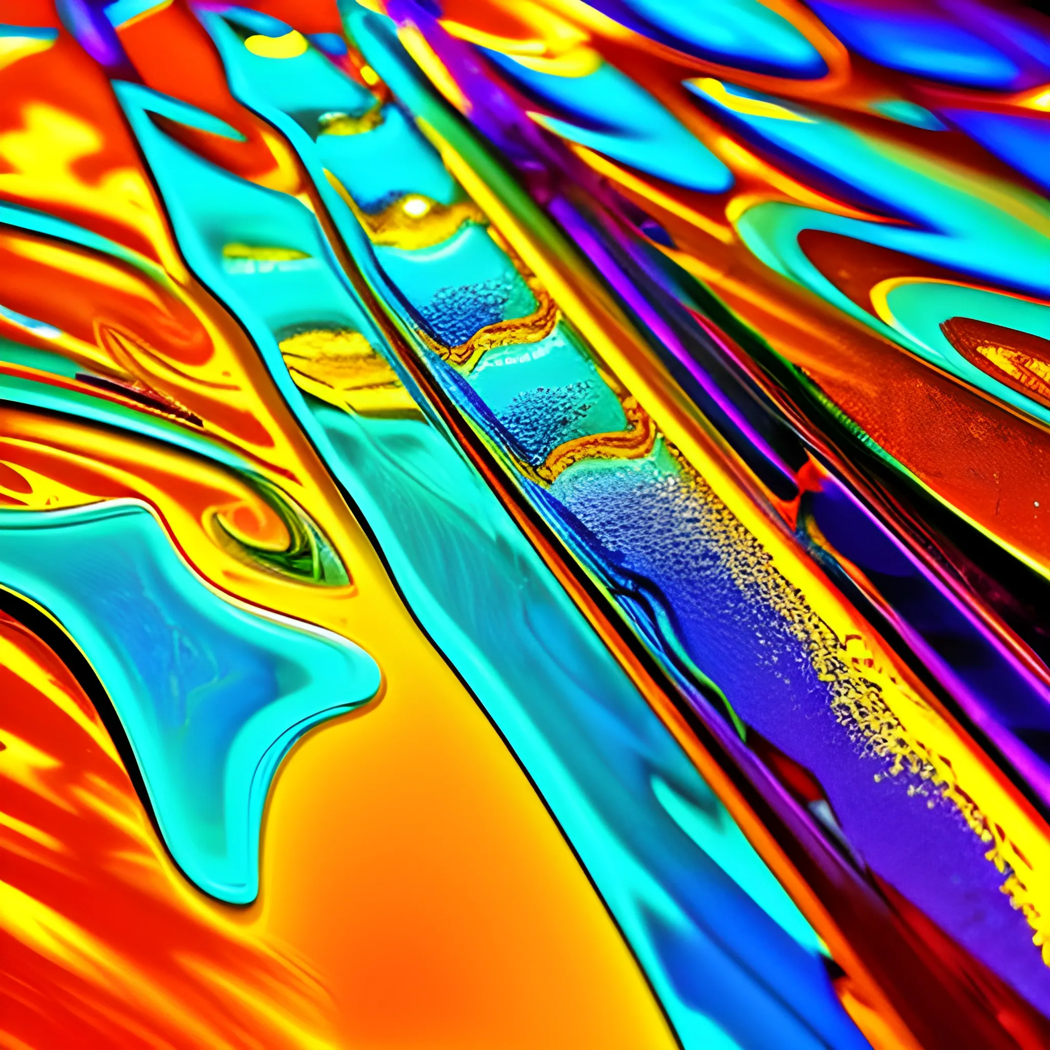 Abstract liquid glass with beautiful light reflections colourful stunning liquid melted glas running a flat surface sun rays antique furniture at the background sun rays reflecting on the hot glas liquid
, Trippy