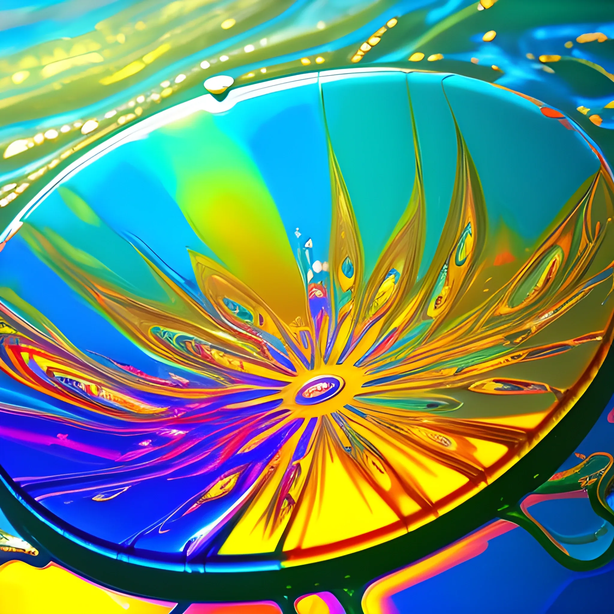 Abstract liquid glass with beautiful light reflections colourful stunning liquid melted glas running a flat surface sun rays antique furniture at the background sun rays reflecting on the hot glas liquid
, Trippy