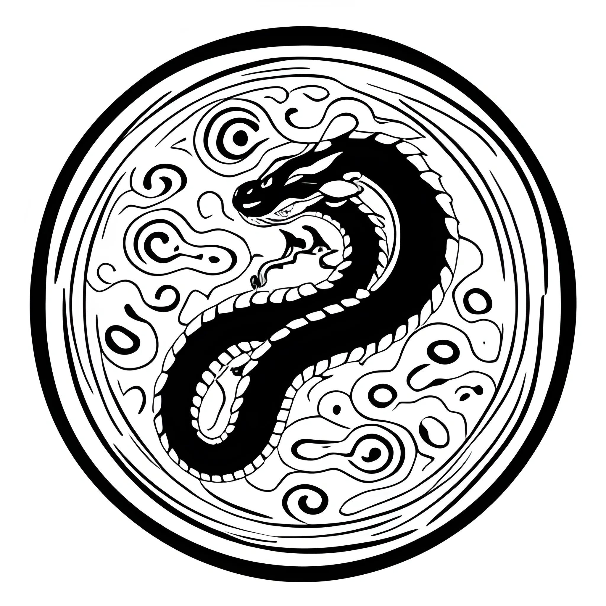 snake based on Asian dragons, biting its own tail, forming a circle, with a minimalist design, in black and white
