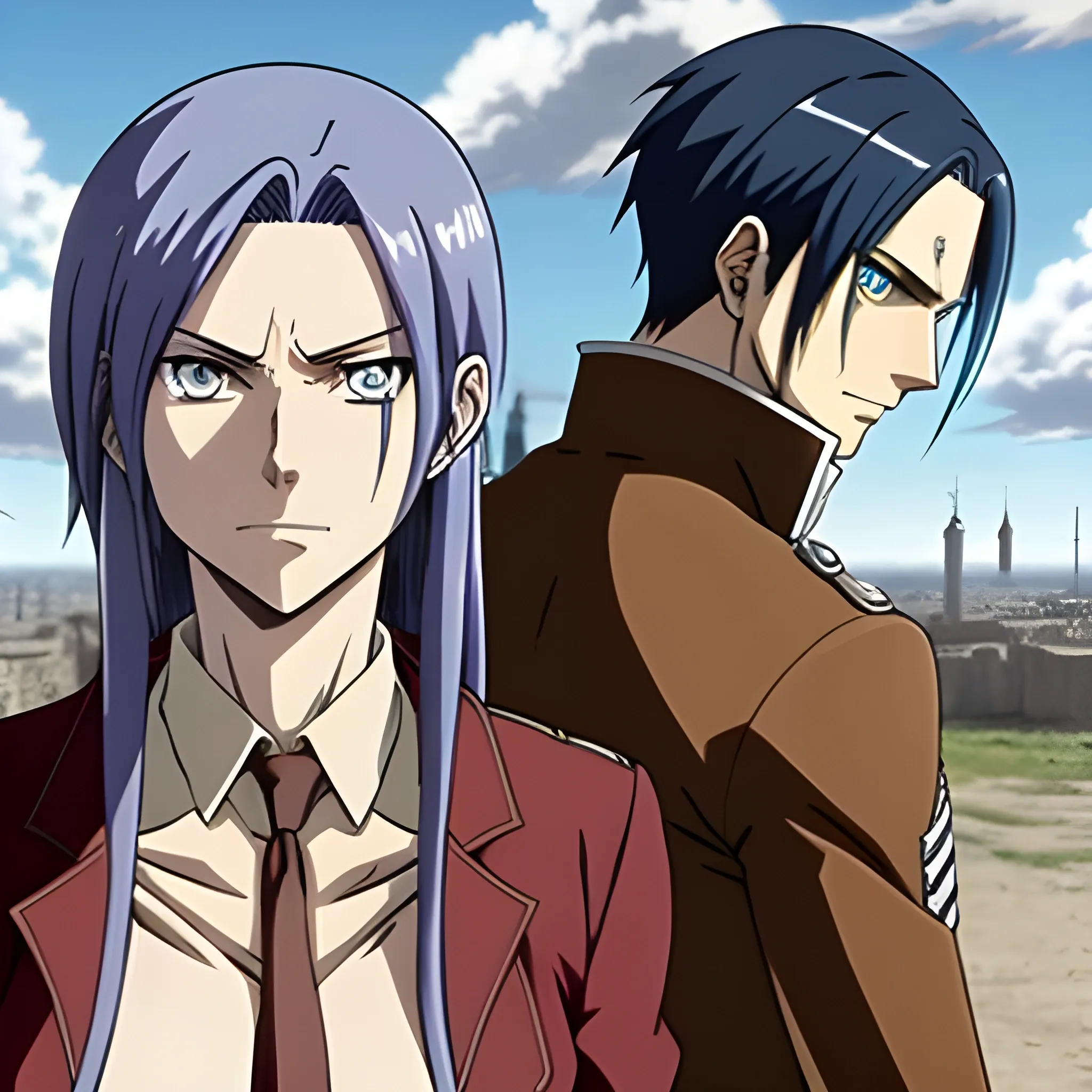 Anime Attack on titan, A girl with long blue hair and purple eyes,Levi Ackermann is standing next to her and he is looking at her suspiciously 