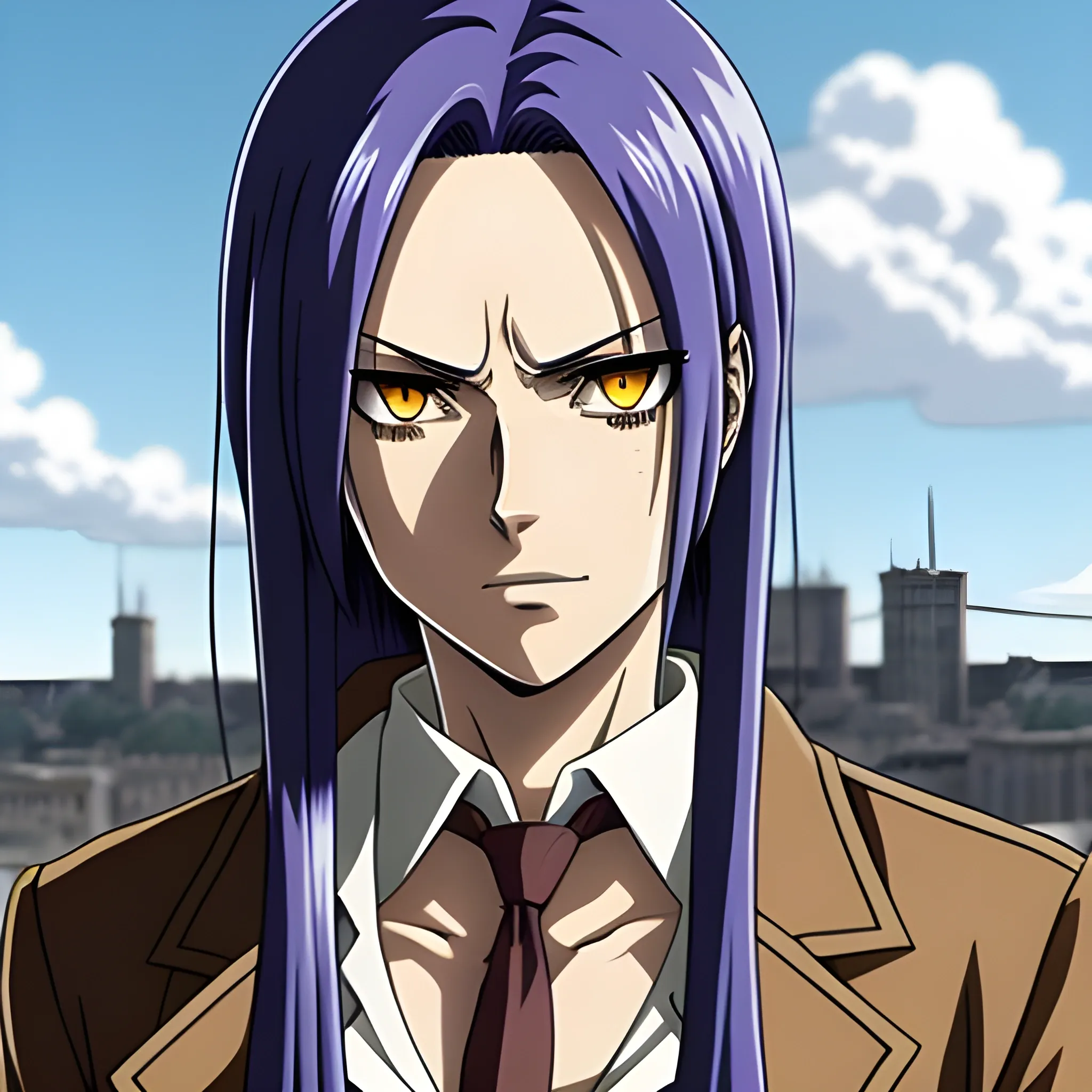 Anime Attack on titan, girl with long blue hair and purple eyes,Levi Ackerman is standing next to her 