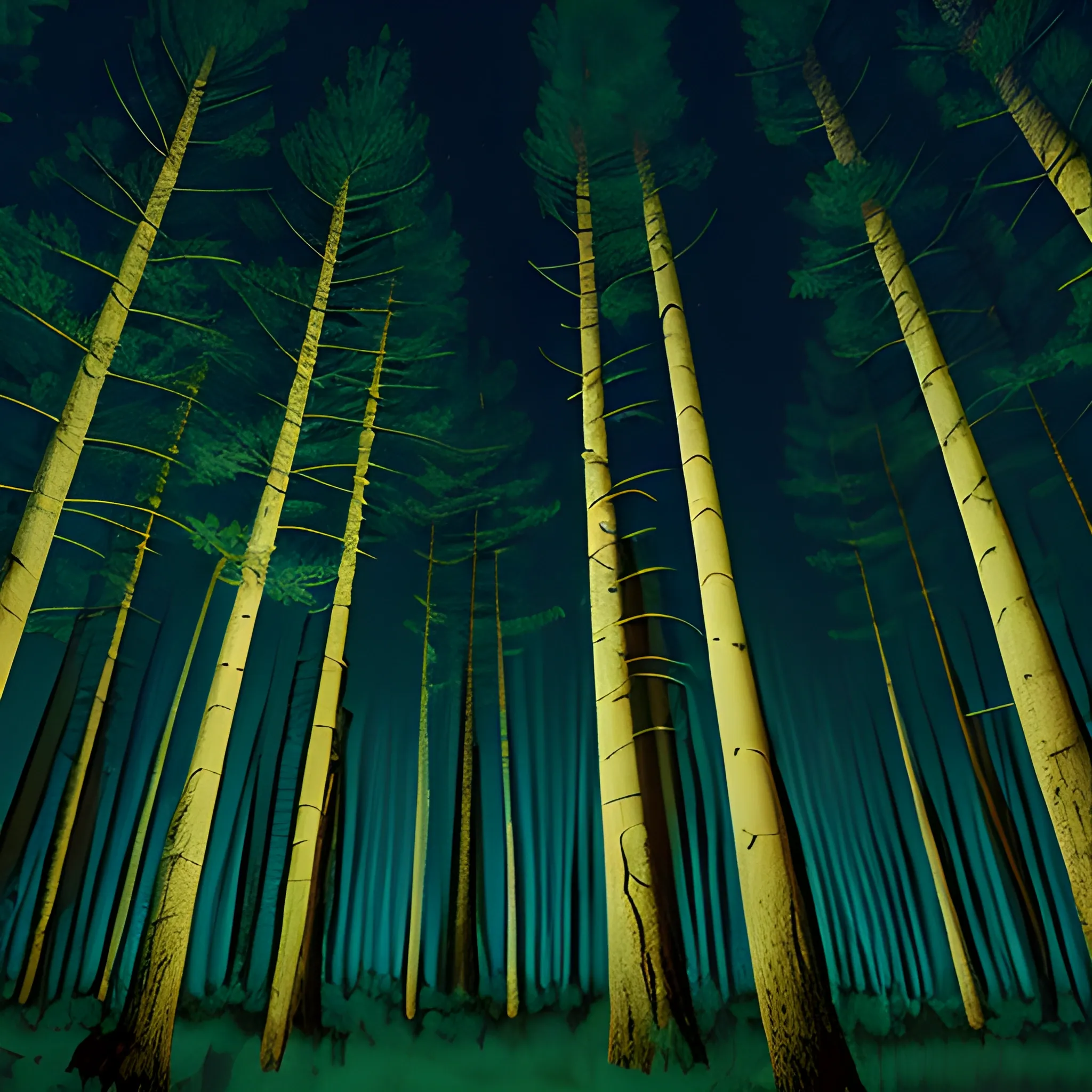 graphic art of a pine forest at night, sharp focus