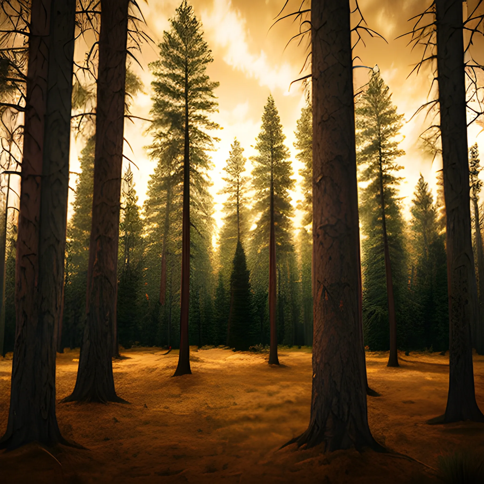 pine forest graphic art with dark brown trees and light brown sky