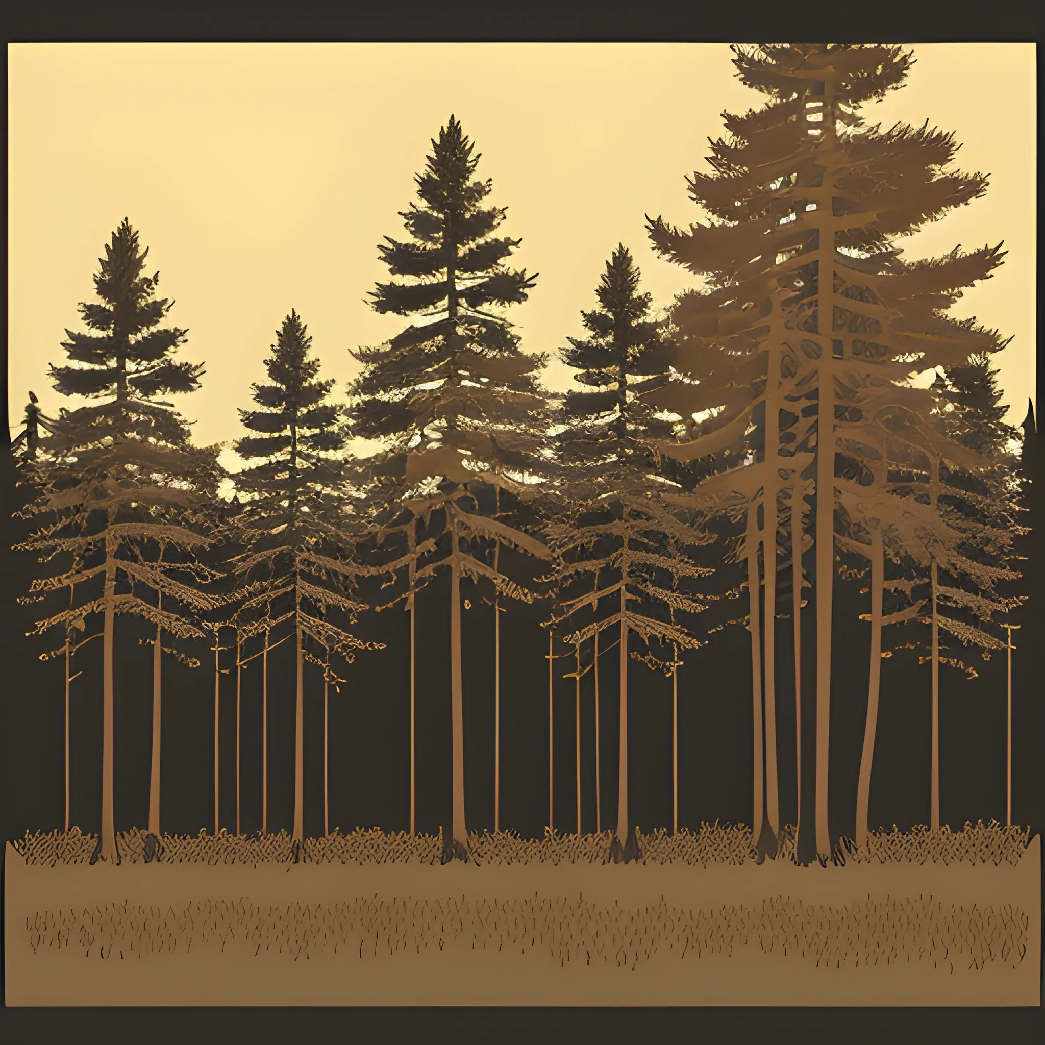 pine forest graphic art with dark brown trees and light brown sky, Cartoon,