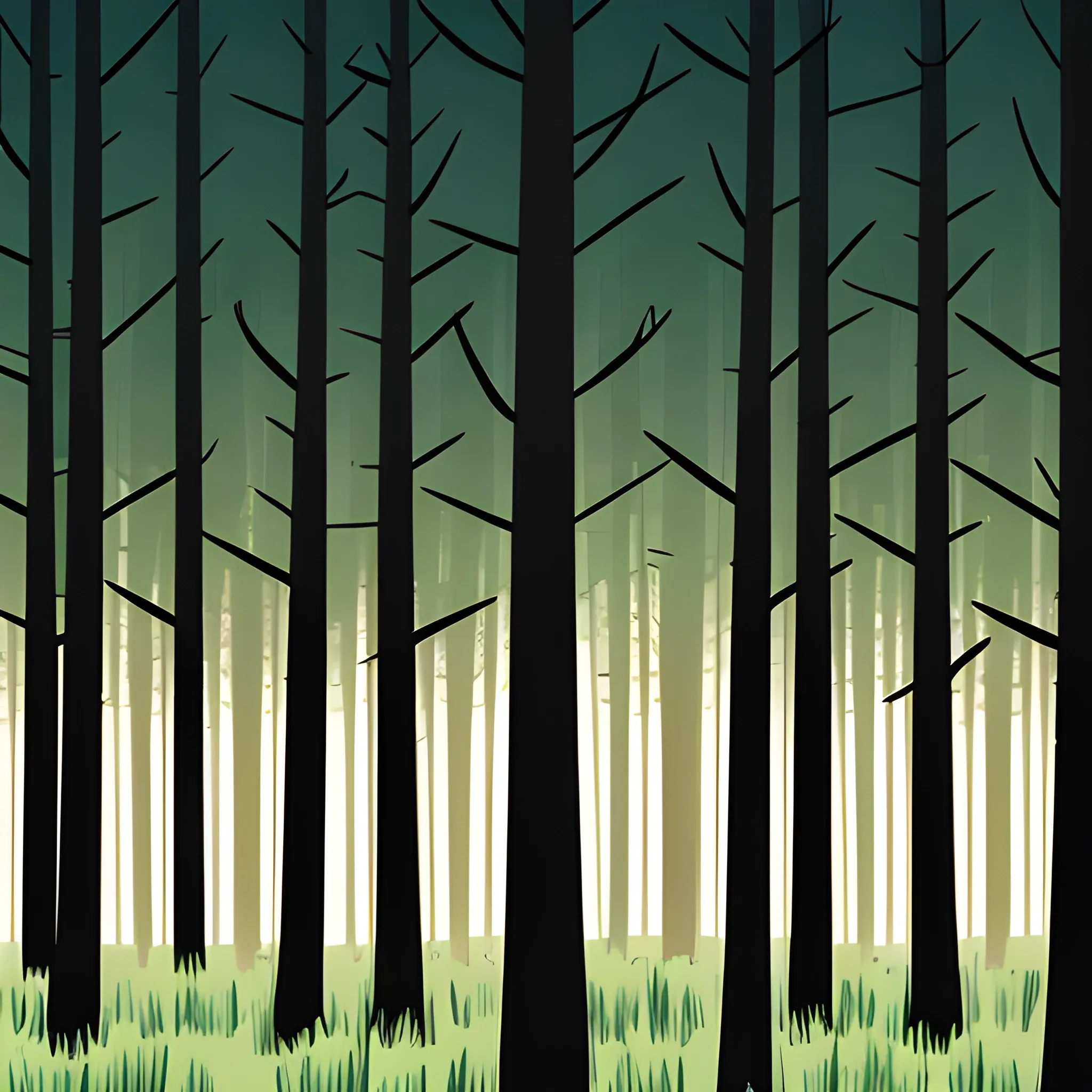 pine forest graphic art with simple dark brown trees and light brown sky, Cartoon,