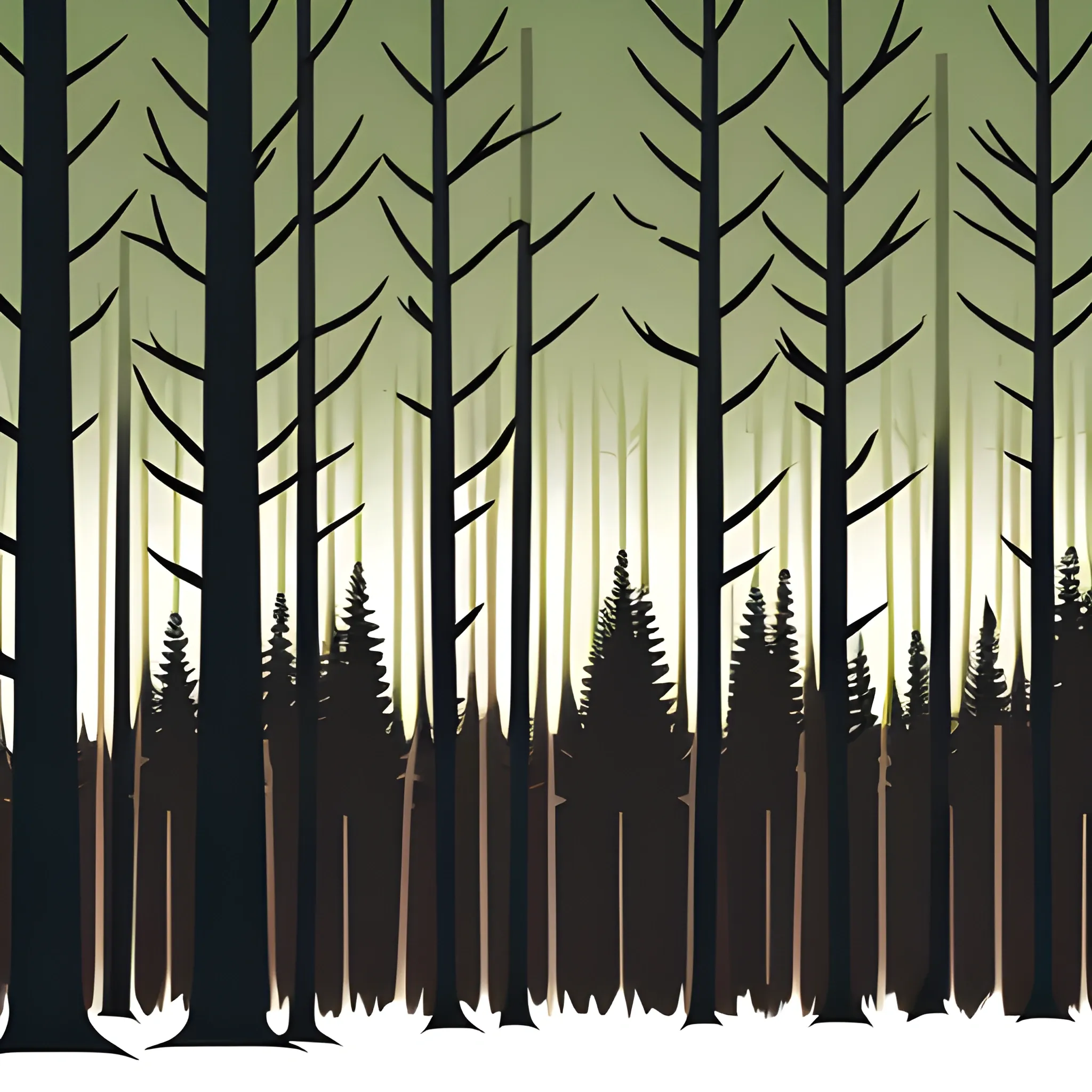 pine forest graphic art with simple dark brown trees and light brown sky, Cartoon,