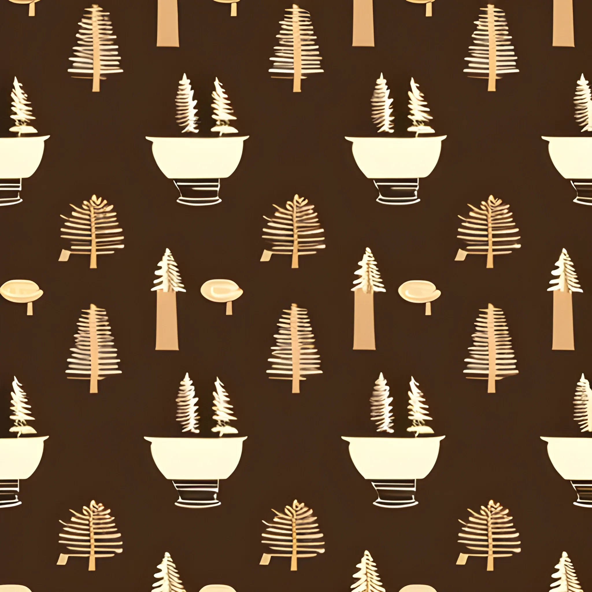 light coffee brown background with a dark brown pine tree pattern. Midcentury. Cartoon.