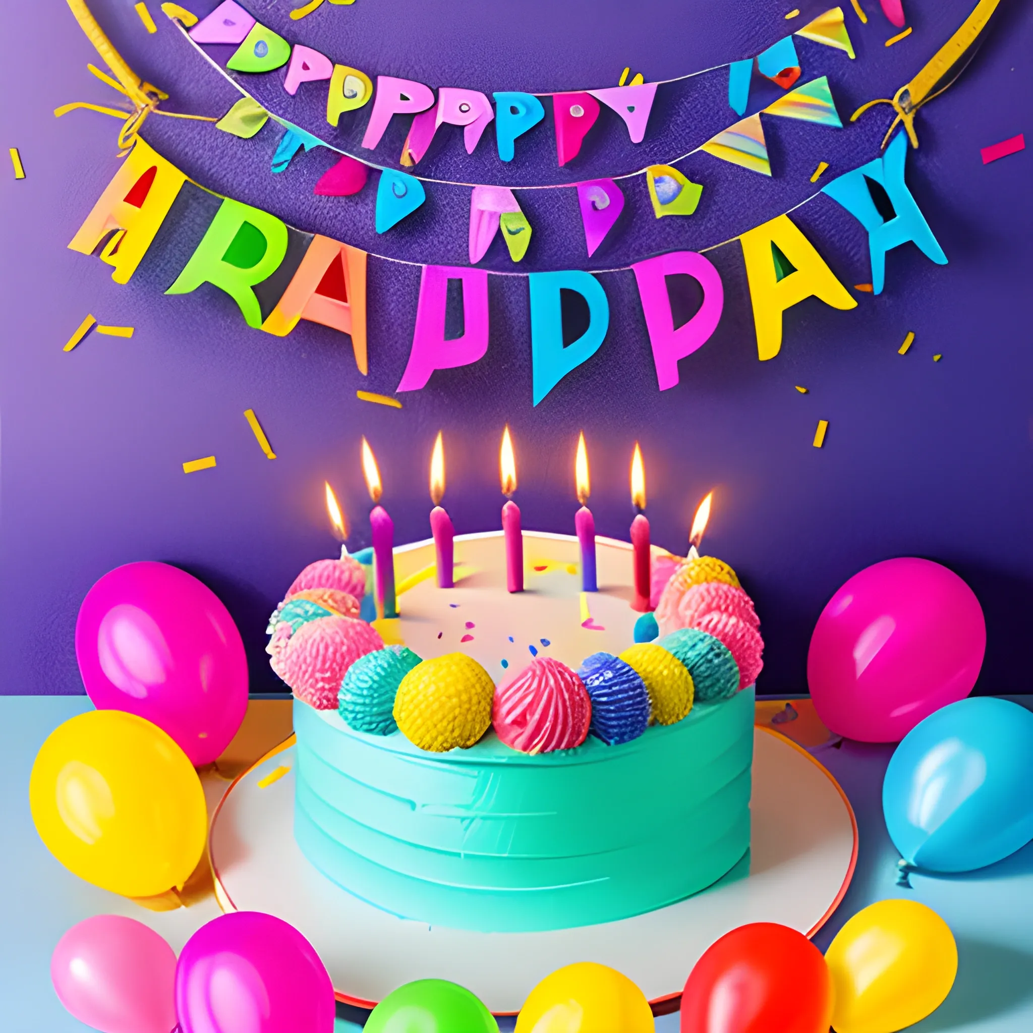 A colorful birthday card featuring balloons, confetti, and a delicious birthday cake with lit candles, surrounded by gifts and