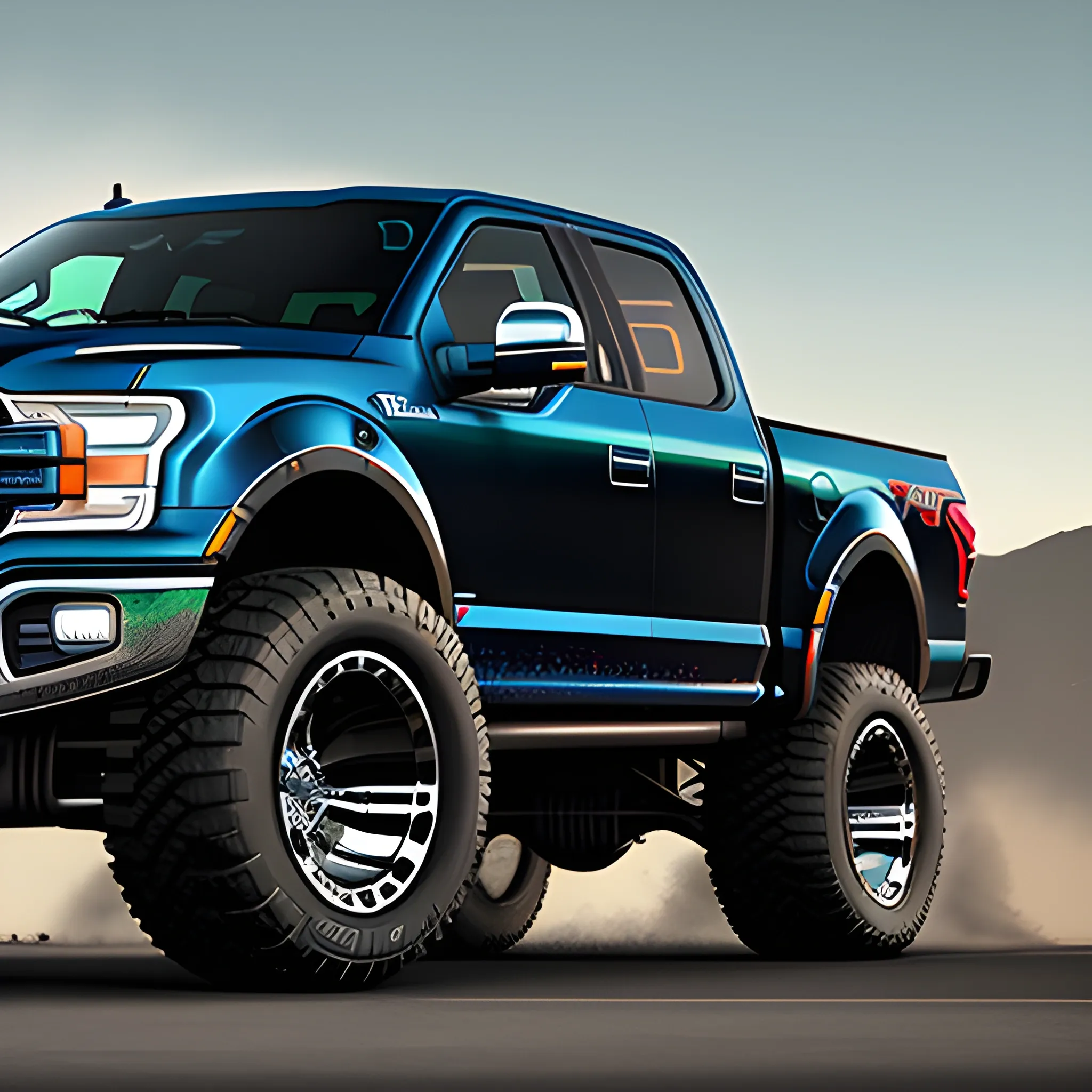 Cyberpunk art style, ford f150 pickup with comically small truck, a towering behemoth of steel and chrome, its bed dwarfed by the disproportionate width of its muscular frame. 