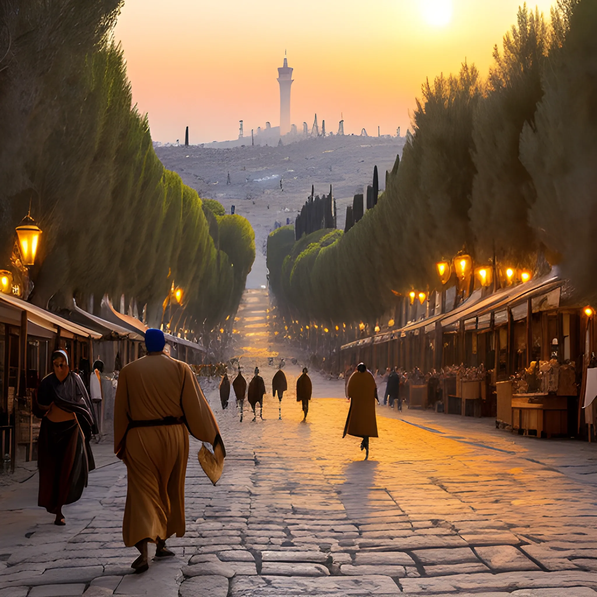 Imagine a scene set in ancient Jerusalem, depicting a weary traveler on a dusty road flanked by olive trees and rolling hills. The traveler, a middle-aged man with a weather-beaten face and worn-out sandals, carries a small leather satchel slung over his shoulder. His expression is a mix of determination and hope as he gazes towards the distant city gates, where the towering walls of Jerusalem stand under the golden glow of the setting sun. The city bustles with life; merchants call out their wares, children playfully chase each other, and women draw water from the nearby well.

In the foreground, a flock of doves takes flight, their wings catching the warm hues of twilight. The air is filled with the fragrance of cypress trees and the distant sound of temple bells. The scene evokes a sense of anticipation and spiritual pilgrimage, as the traveler journeys towards the heart of faith and tradition.