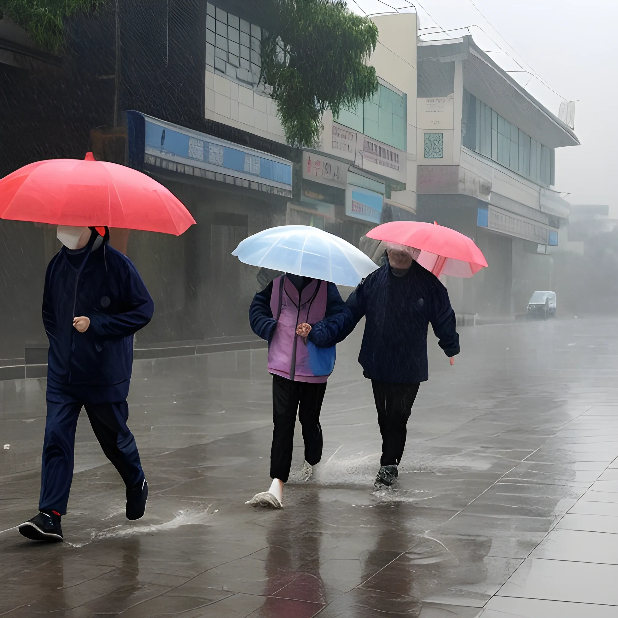 跪在地上的广东人，在狂暴的暴雨中痛苦地哀求上天停止下雨