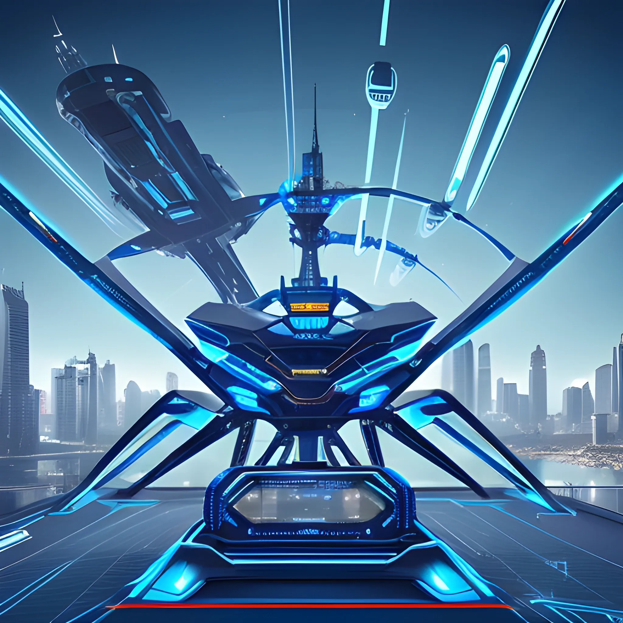 A High tech catapult, futuristic catapult in a futuristic setting, where advanced machinery and sleek designs have captured the essence of innovation. Instead of a traditional siege engine, this futuristic catapult is a marvel of modern engineering, with a sleek, aerodynamic body and gleaming metallic components. The catapult is positioned on a raised platform, surrounded by a cityscape that blends seamlessly with the machine's futuristic aesthetic. Glowing blue lines and grids crisscross the platform, providing a futuristic backdrop for the catapult's impressive design.