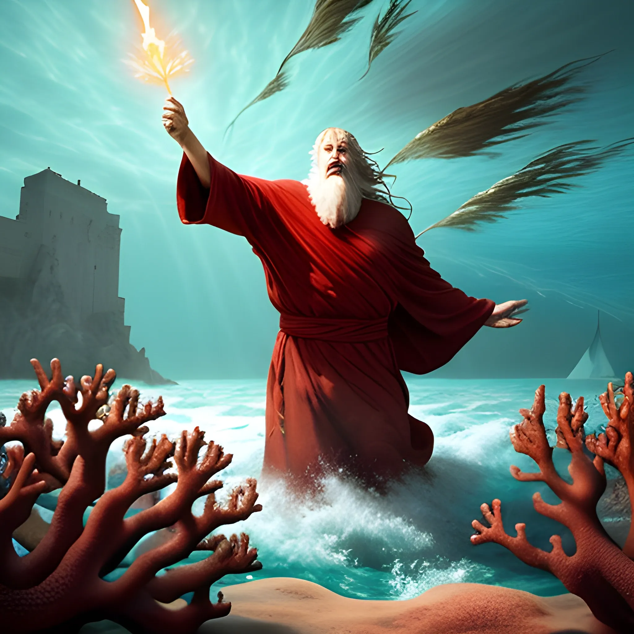 Create an evocative visual image of Moses parting the Red Sea: The vast expanse of the sea is split down the middle, towering walls of water on either side. In the foreground, Moses, depicted with a weathered face and determined expression, raises his staff high. His robes flutter in the strong wind, and his followers stand behind him, awestruck and hopeful. The night sky above is illuminated by a pillar of fire, casting an ethereal glow over the scene. The seabed is visible, strewn with coral and marine life, as if frozen in time. The scene conveys both the miraculous nature of the event and the profound faith of those witnessing it, as they embark on a journey to freedom and salvation.