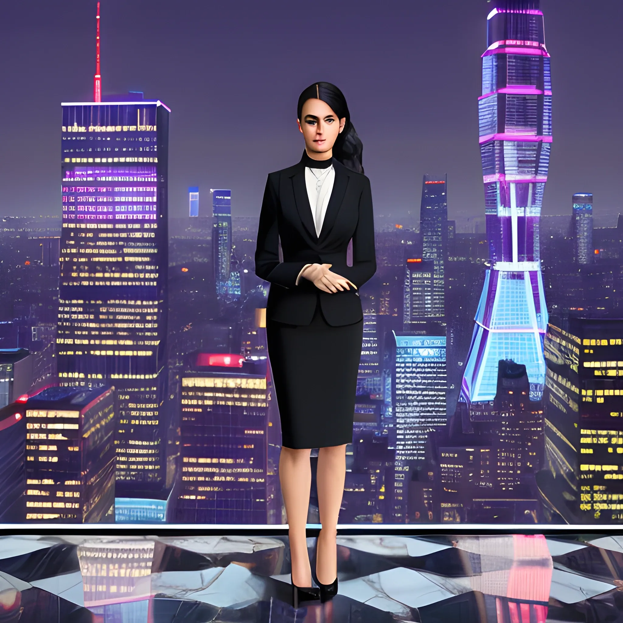 A stately entrepreneur stands tall amidst a bustling urban landscape, as a constant flow of clients and customers swirl around her. The city's vibrant energy is palpable, with skyscrapers and neon signs reflected in the polished marble floor. Every element, from the woman's sharp suit to the angular lines of the modern architecture, conveys a sense of confidence and authority. The atmosphere is alive with the hum of commerce, as if the very air is infused with the scent of success. 