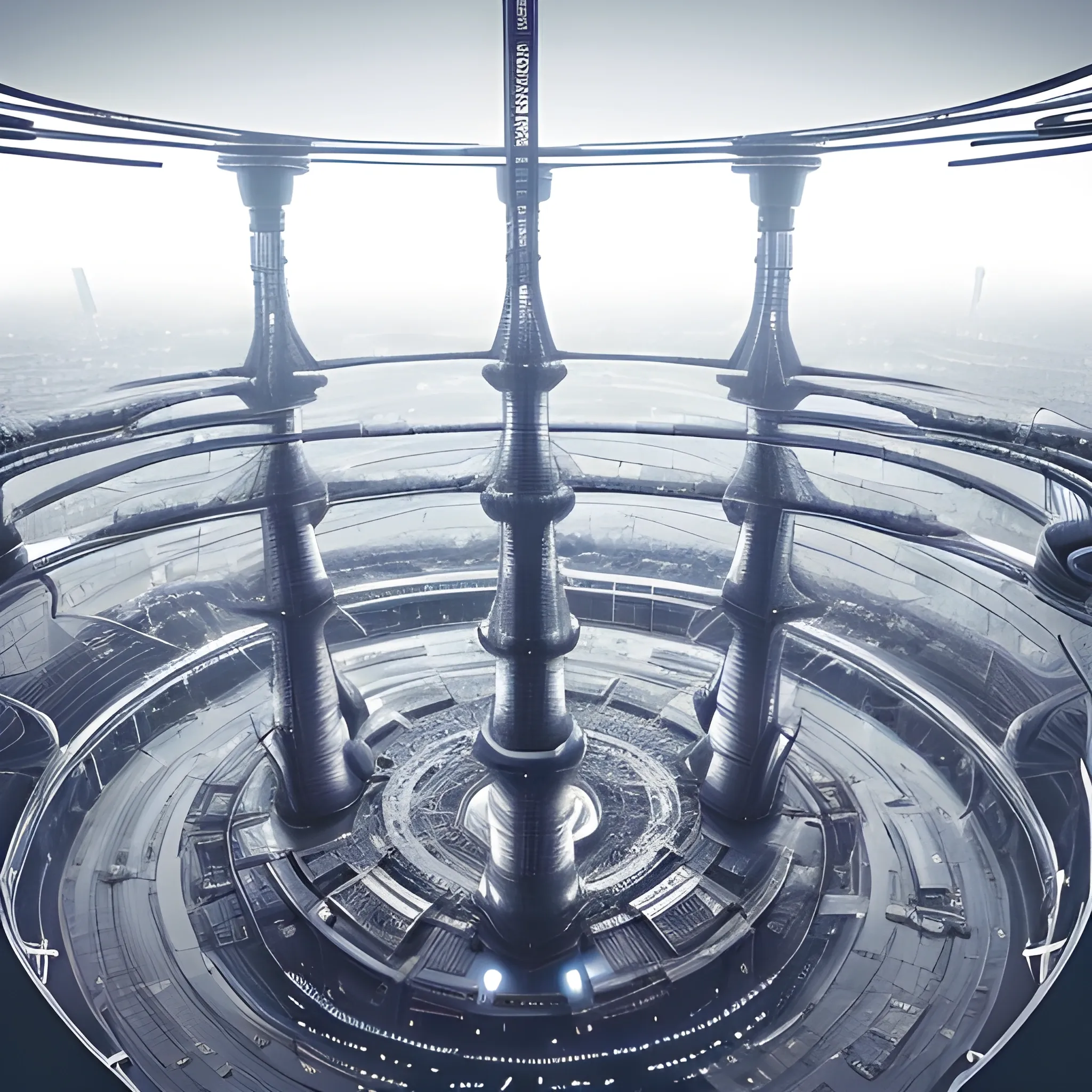 A colossal, cylindrical vessel hovers above a labyrinthine network of pipes, gantries, and cylindrical reactors, as if an industrial complex had taken to the stars. Seen from 100 meters up, the spaceship's structural latticework resembles a mechanized, metallic forest, with strobing lights casting an otherworldly glow across the surrounding clouds