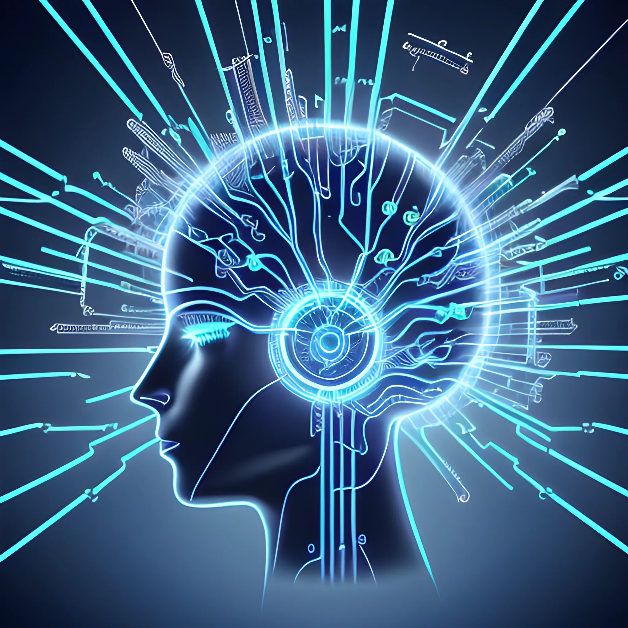 A futuristic, neon-lit blueprint of a digital brain bursts forth from a sleek, silver circuit board, surrounded by glowing, ethereal wires and microchips. The brain's contours are crafted from intricate, swirling patterns of 1s and 0s, pulsing with an electric blue light. In the background, a subtle grid of pixels shimmers, evoking the infinite possibilities of the digital realm. The atmosphere is vibrant, dynamic, and cutting-edge, as if the very essence of innovation has been distilled into this icon. 