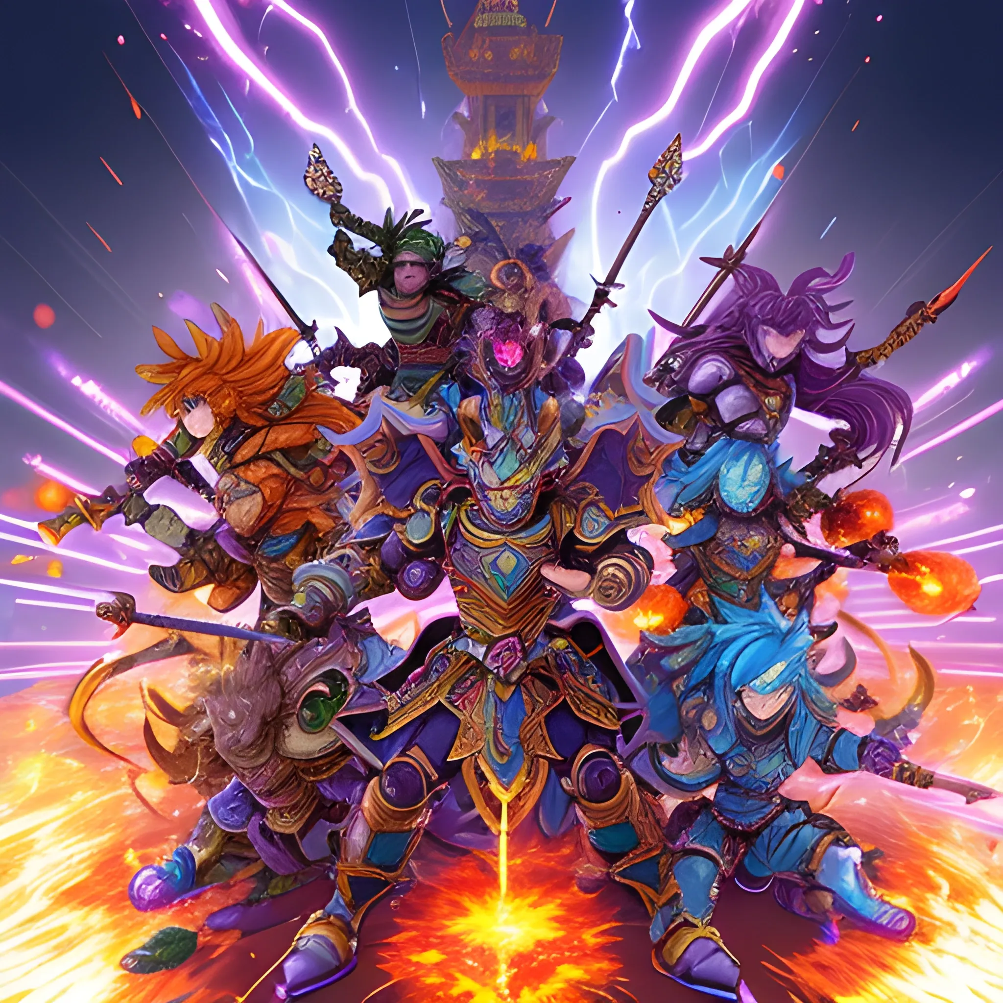 Brave warriors with diverse, colorful weapons and armor, standing heroically and determined in an anime style.Fire, ice, lightning, and other mystical elements.Cartoonish monsters such as dragons, golems, and other mythical creatures with a cute yet menacing look, surrounding the warriors.Colorful, vibrant, and cartoonish, capturing the fantasy theme of a tower defense game.Full of action and excitement, with sparks flying and magical effects lighting up the scene., Trippy