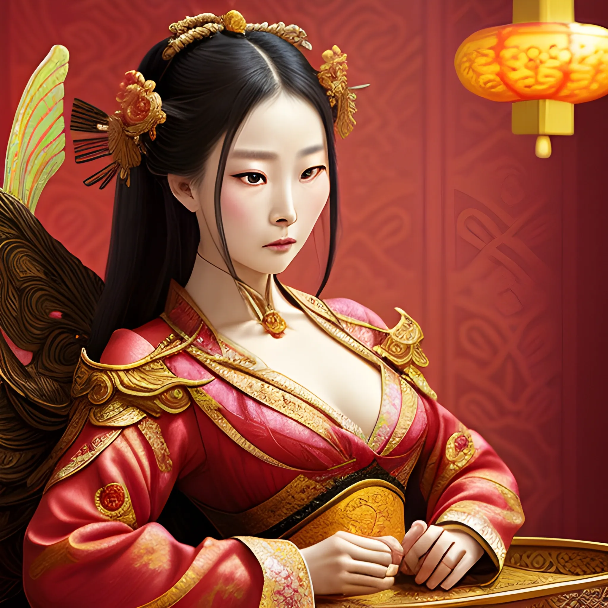 A disheartened Diaochan, resigned to the fate of a courtesan, performs her alluring routine in an elaborately decorated brothel. Golden phoenixes and dragons adorn the red and gold walls, while delicate lanterns cast a warm, inviting glow on the opulent setting. Intricate floral patterns cover the silk cushions and screens, and the atmosphere is thick with the scent of incense and exotic flowers. Despite the luxurious surroundings, Diaochan's eyes reflect a profound sadness and longing - a poignant reminder of the human cost behind the glamorous facade. This scene evokes the rich visual tradition of Chinese courtesan culture, immortalized in countless historical narratives and art pieces. 