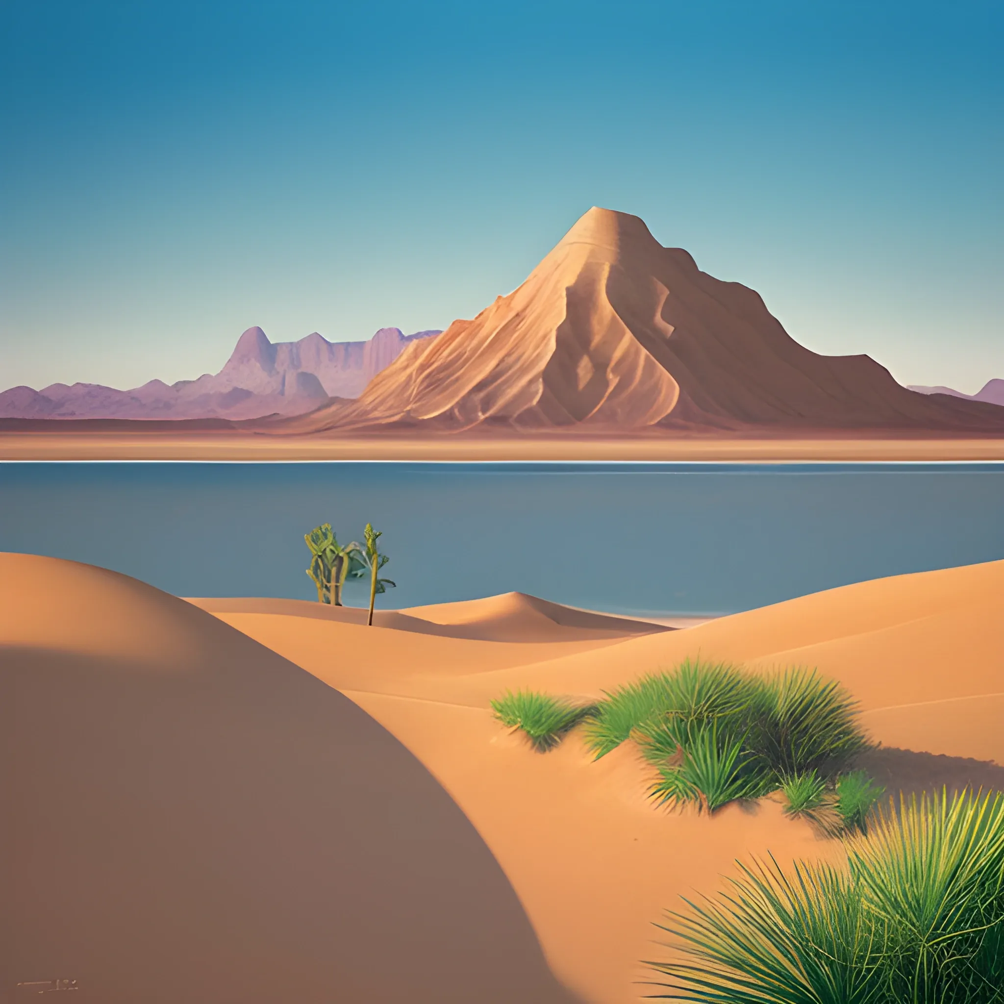 Imagine a vast desert landscape under the scorching sun, where a weary traveler, cloaked in tattered garments, stumbles upon an oasis. The traveler's face is etched with exhaustion and hope as they approach the shimmering pool of water surrounded by lush, green palm trees. In the background, distant mountains rise majestically against the clear blue sky, casting long shadows across the sand dunes. The scene is imbued with a sense of relief and renewal, capturing the profound spiritual journey of finding solace and sustenance in the midst of adversity