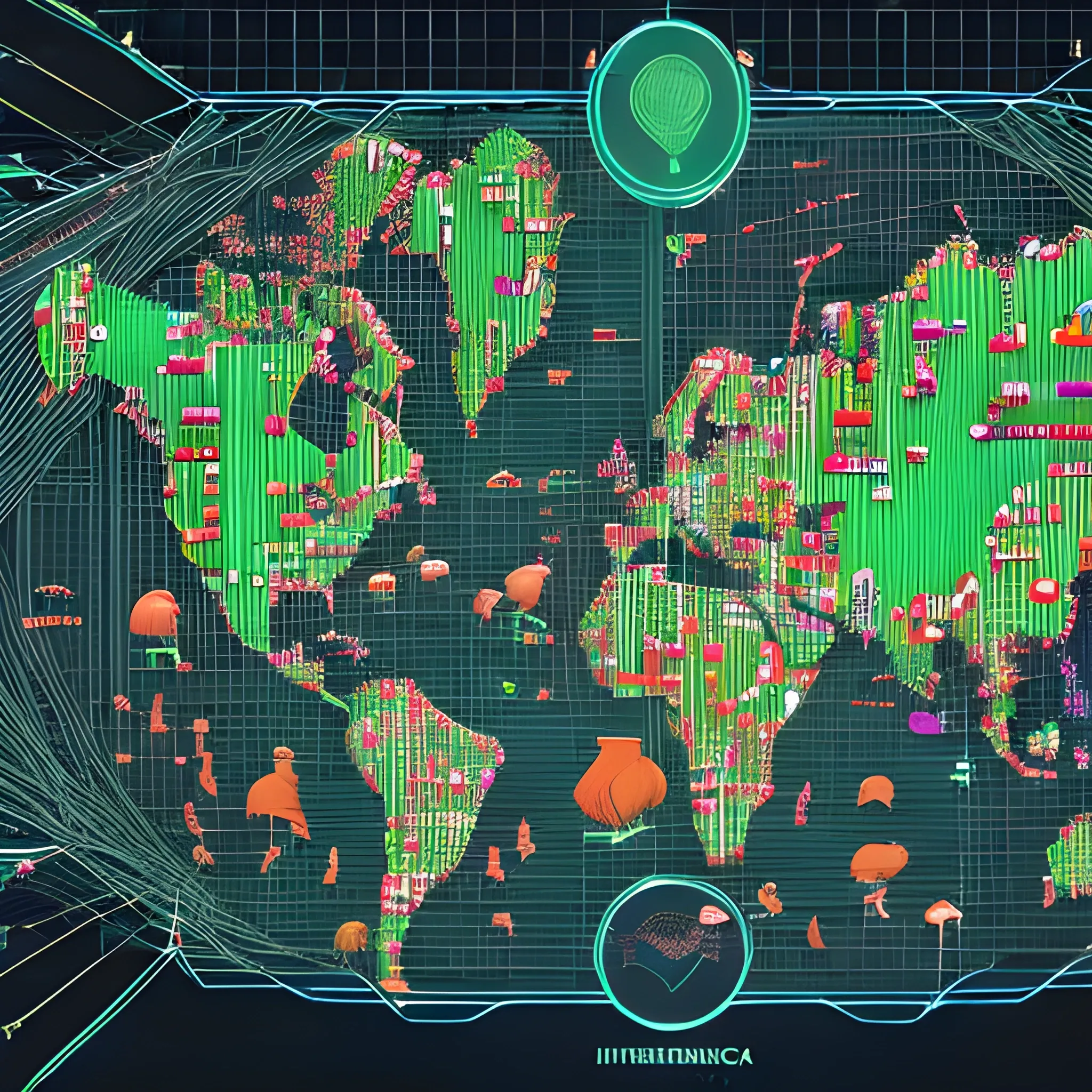 A complex data visualization, akin to an intricate diagram from the writings of M.C. Escher, represents the global poultry industry's intricate relationships. Shaded areas and color-coded patterns illustrate the impact of chicken consumption on farm profit margins, supply chains, and environmental sustainability. The scene is set in a futuristic, neon-lit metropolitan cityscape, with sleek skyscrapers and interconnected tubes evoking a sense of high-tech innovation. The overall mood is one of sleek modernity and dynamic progress.