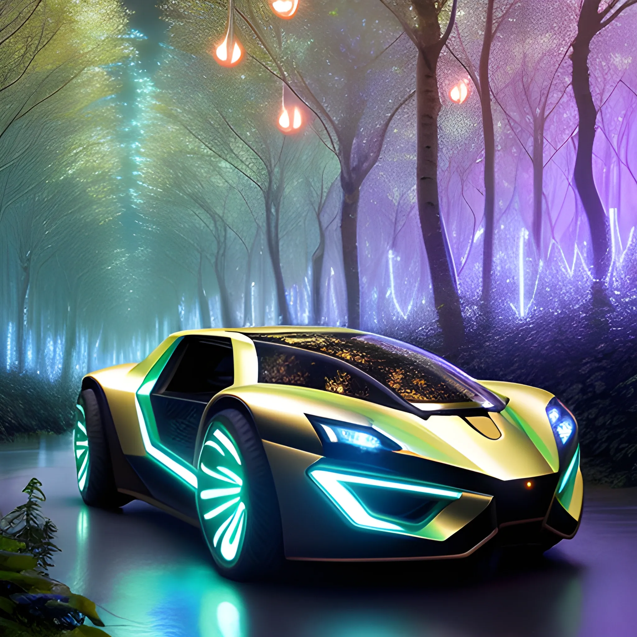 A futuristic vehicle gracefully navigating through a metallic forest, its headlights illuminating the luminescent flora surrounding it. Neon rivers reflect off metallic leaves, casting a kaleidoscope of colors.