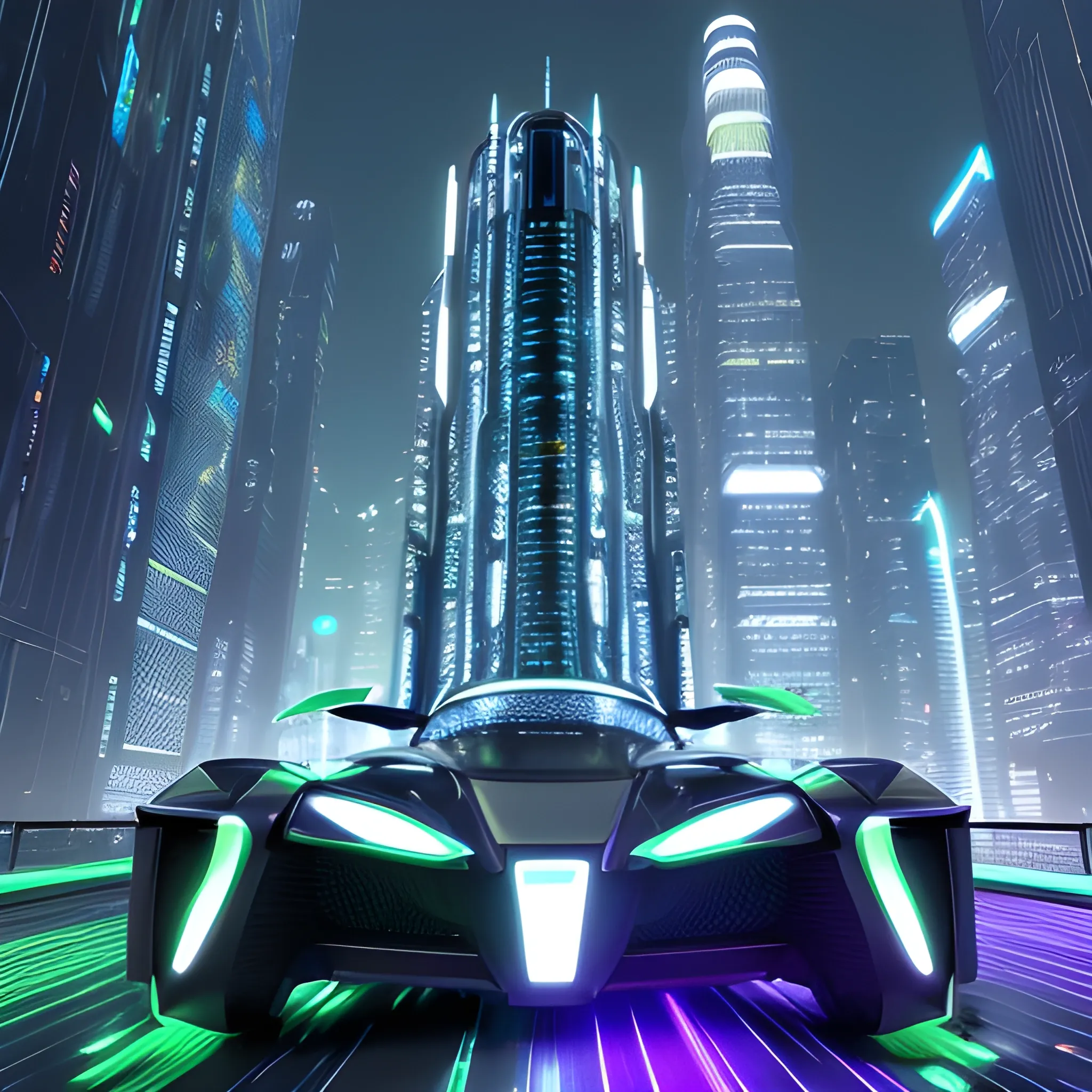 A futuristic vehicle gracefully navigating through a metallic 
Skyscraper, its headlights illuminating the luminescent flora surrounding it. Neon rivers reflect off metallic leaves, casting a kaleidoscope of colors.