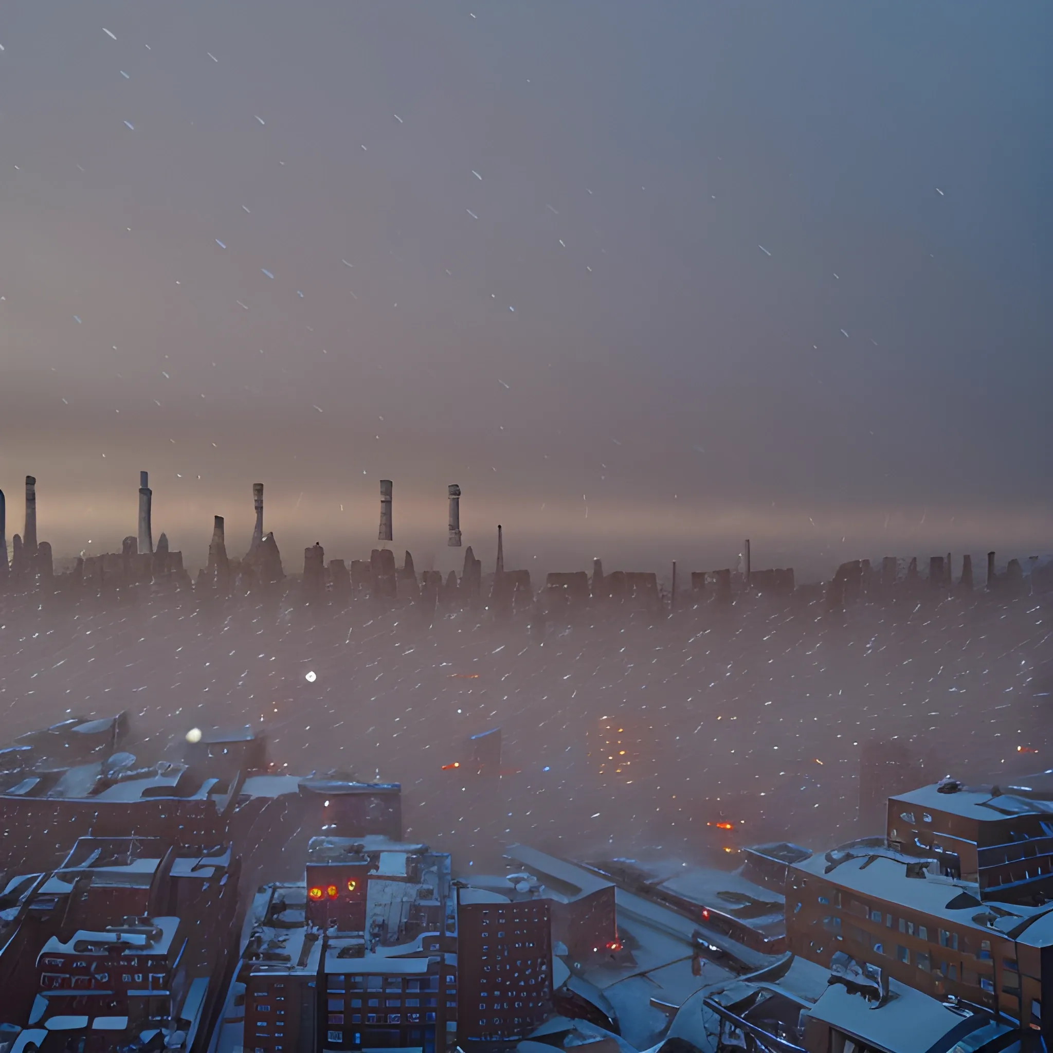 A swirling vortex of particulate matter hangs in the frigid air, its density shifting like a phantom hand manipulating the city below. Smokestacks pierce the hazy sky, their plumes choked with the vibrant hues of polluted snow. Vehicles crawl along icy streets, their headlights piercing the sickly glow emanating from streetlamps. The frozen air crackles with an electrostatic tension, each breath leaving a fleeting trace of shimmering ice crystals