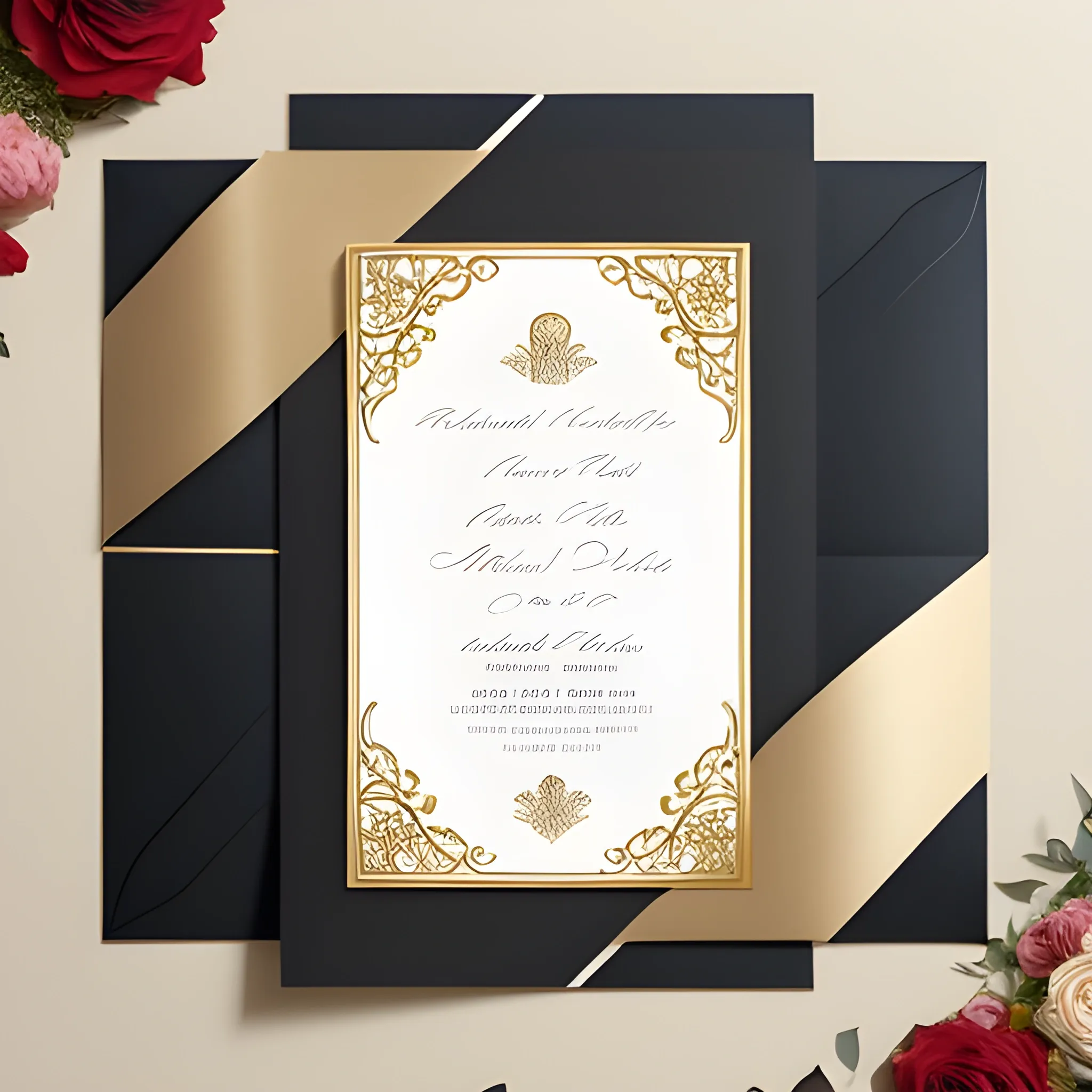 Visualize an elegantly designed wedding reception invitation featuring a lively dance scene with silhouettes of graceful dancers swaying to the rhythm of music. Delicate musical notes and instrumental motifs adorn the background, while a touch of lyrical inspiration graces the corner of the invitation with a quoted line about love and celebration. The overall design emanates a festive and joyous atmosphere, setting the tone for a memorable wedding reception. The invitation is printed on fine, textured paper, with the couple's names and reception details calligraphed in a sophisticated, flowing script. The color palette consists of rich golds, deep burgundies, and soft blushes, complementing the elegant design and reflecting the joyous spirit of the celebration.