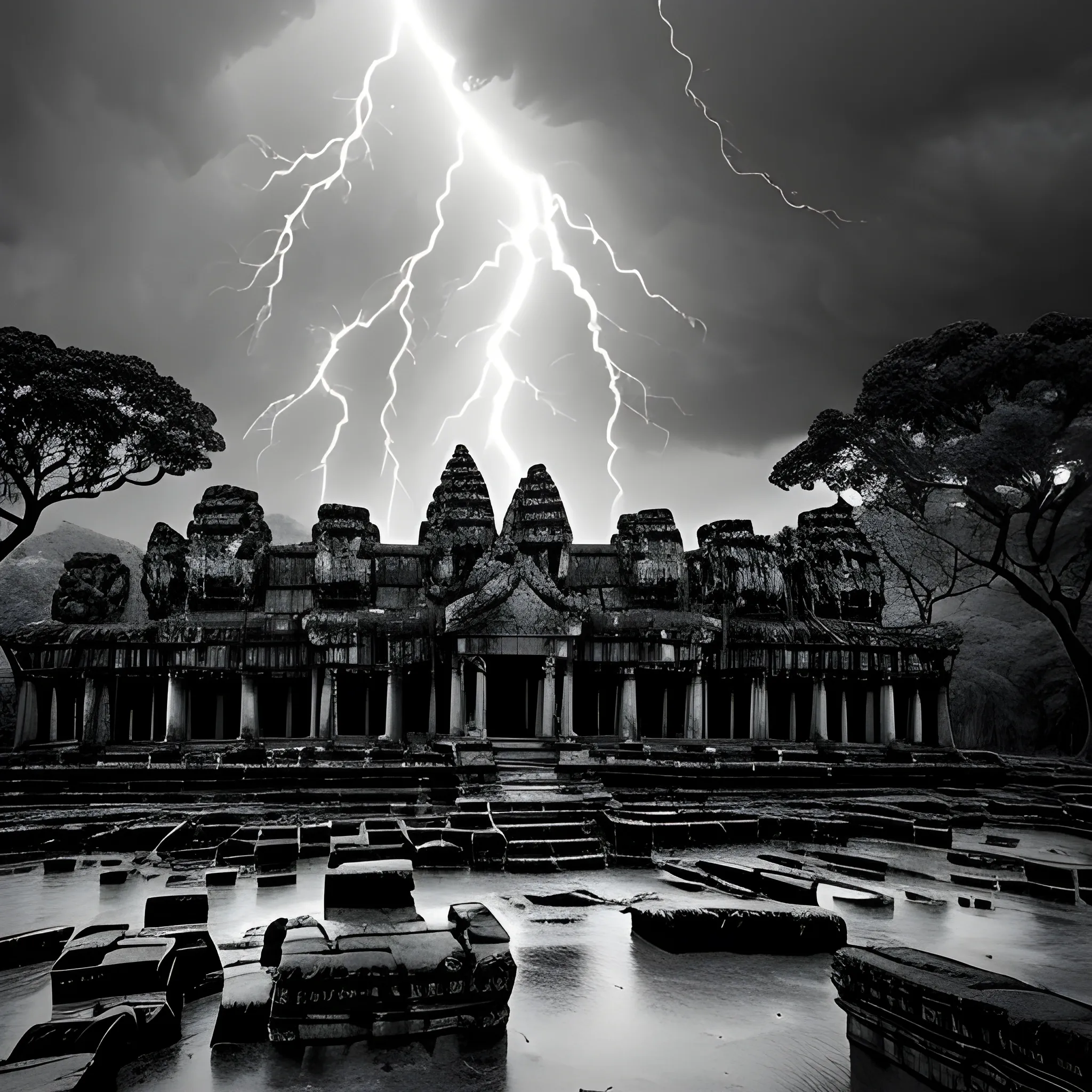 A powerful tempest rages through the ancient Angkor complex, threatening the resilient stone structures that have withstood the test of time. Trees bend and groan under the relentless force of the wind, as heavy rain droplets carve intricate patterns on the stone temple statues. The fury of the storm unleashes chaos, while the once-mighty dam succumbs to the overwhelming deluge. The scene is captured in a dramatic, high-contrast black and white photography style, highlighting the raw power of nature and the transient yet perpetual cycle of destruction and rebirth.