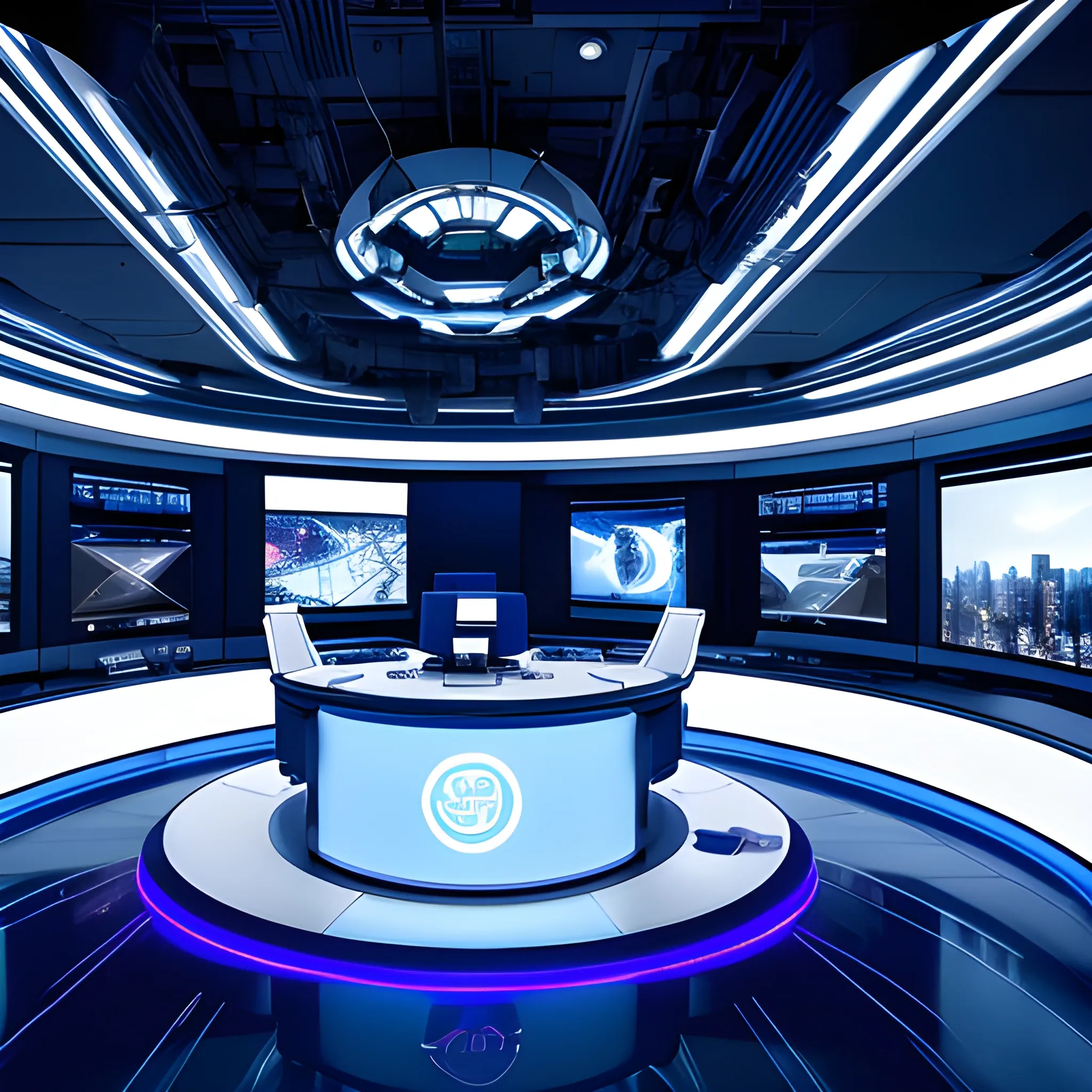 A futuristic news studio, bathed in a palette of blues and whites, evoking a sense of modernity and urgency. In the center, a sleek, silver desk anchors the space, surrounded by curved screens displaying a kaleidoscope of data and live feeds. A lone anchor, dressed in a crisp, white suit, sits poised, with a hint of intensity, as they deliver the breaking news. The studio lights cast a dynamic, high-contrast glow, reminiscent of a stylized, cinematic aesthetic. In the background, a blurred, neon-lit cityscape stretches upwards, symbolizing the infinite flow of information.