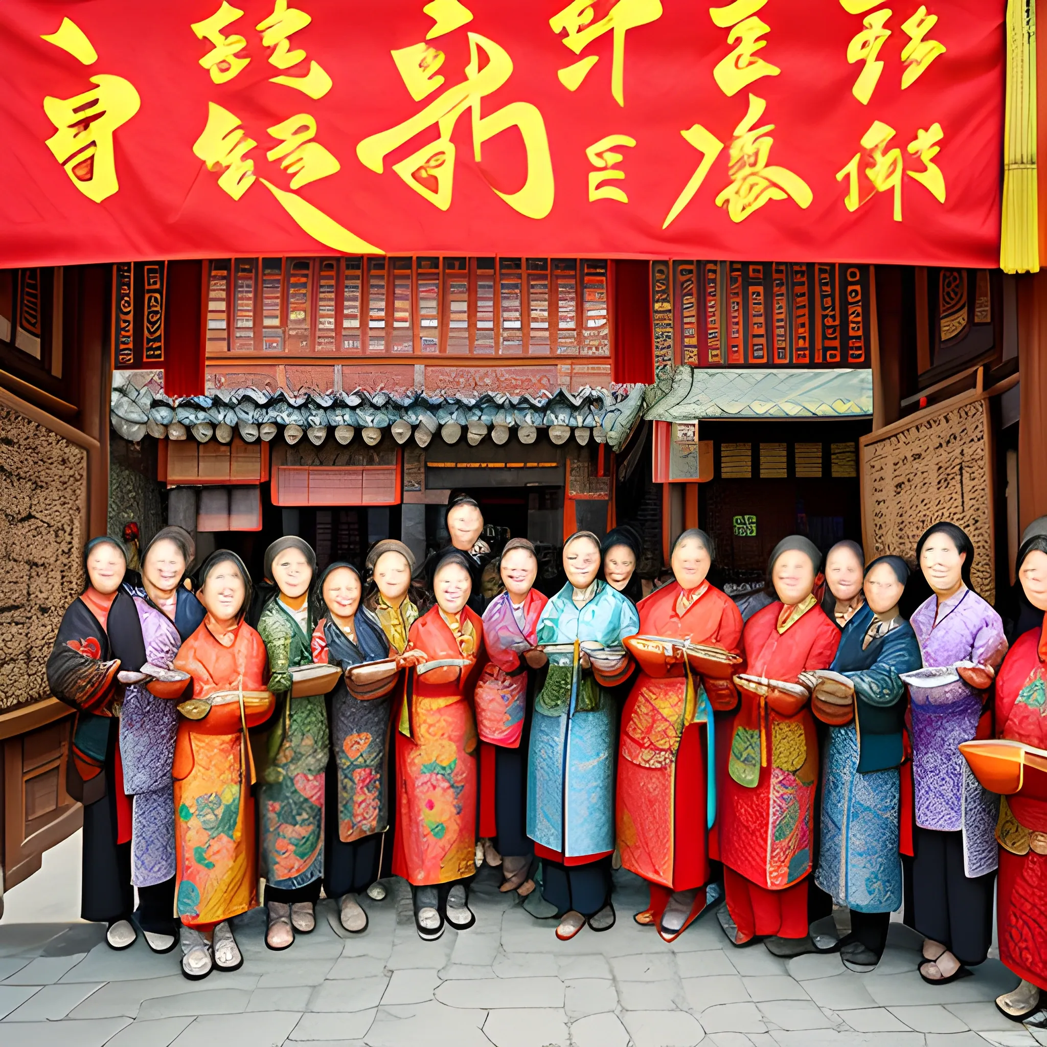 A group of formidable giants, embodying the spirit of Chinese legends, gather to safeguard a thriving marketplace teeming with local traders. Amidst the bustling crowd, rules and regulations are displayed like intricate tapestries, their significance woven into the fabric of the scene. The atmosphere is dynamic and charged, filled with the vibrant colors and patterns of traditional Chinese art. A powerful aura of unity and protection pervades, as if an ancient lineage has returned to preserve the harmony of this prosperous bazaar.