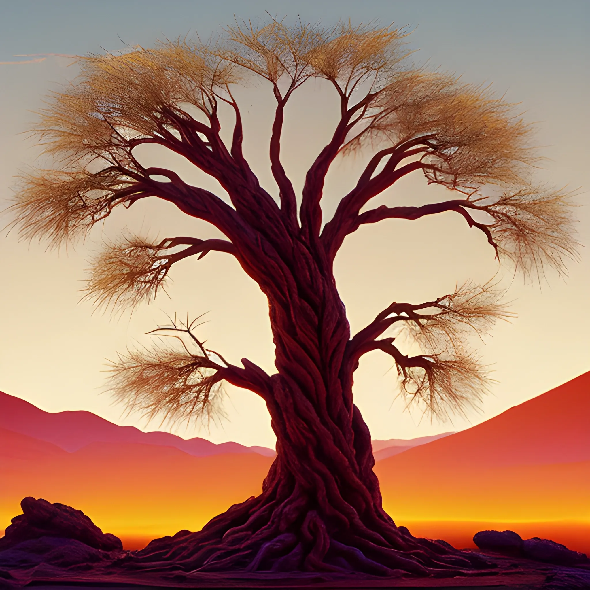 Visualize the scene of Moses standing before the burning bush on Mount Horeb. The setting is a vast, rugged desert landscape under a sky streaked with hues of fiery orange and deep purple, symbolizing the divine presence. The bush, engulfed in flames that do not consume it, emits a soft, ethereal glow, casting gentle shadows on the surrounding rocky terrain. Moses, a weathered and humble figure, is barefoot, his face illuminated with awe and reverence as he listens intently to the voice of God emanating from the bush. The atmosphere is charged with a sense of mystery and holiness, accentuated by the silence of the desert and the distant echoes of wind. This moment captures the profound encounter between humanity and the divine, conveying a message of sacred revelation and spiritual awakening.