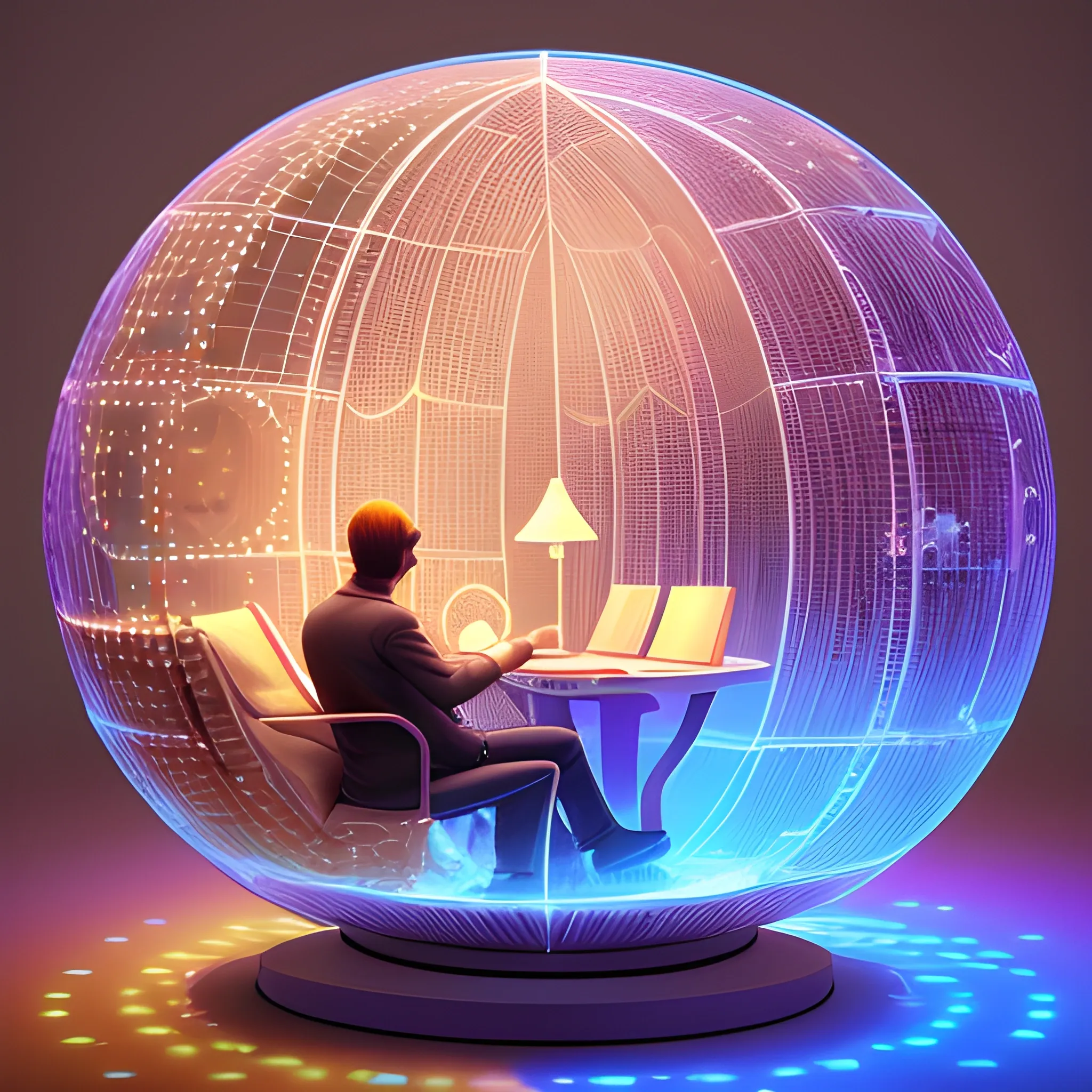 A programmer sits in a futuristic, spherical chamber, surrounded by a mesmerizing latticework of colorful LED lights. The air is filled with a soft hum, as if the computer is generating an infinite stream of pulsing, iridescent hues. A virtual 3D globe floats in front of the programmer, its surface a kaleidoscope of shifting color palettes, each one a complex tapestry of 3D models, textures, and animations. The scene is bathed in a warm, ambient light, as if the colors themselves were radiating a gentle glow.