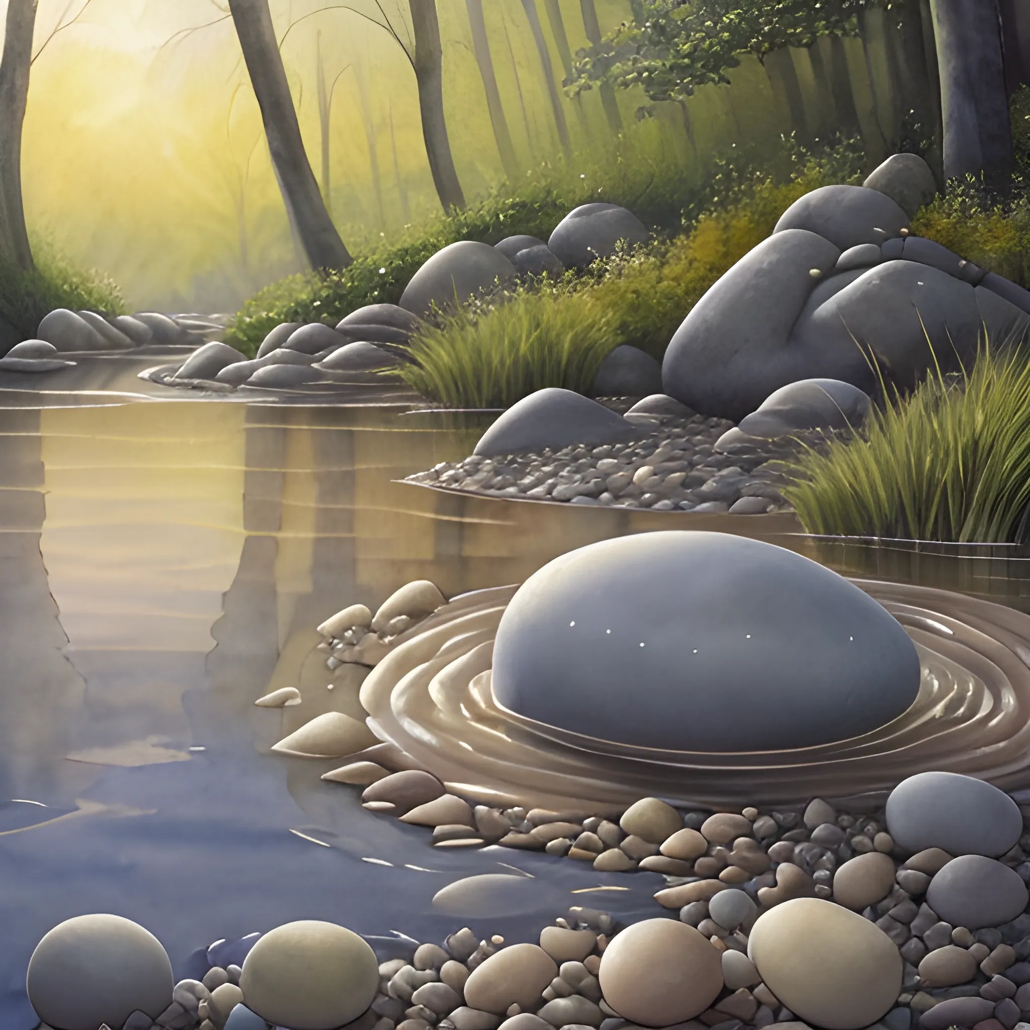 A solitary individual is positioned near a stream of water, adorned with smooth stones and pebbles instead of tiles. Orbs of various creatures, both terrestrial and aquatic, float serenely in the surrounding area. The light is soft, casting a gentle and indirect glow from an unseen source. The overall impression is one of quiet reflection, tranquility, and the subdued hues of a watercolor painting.