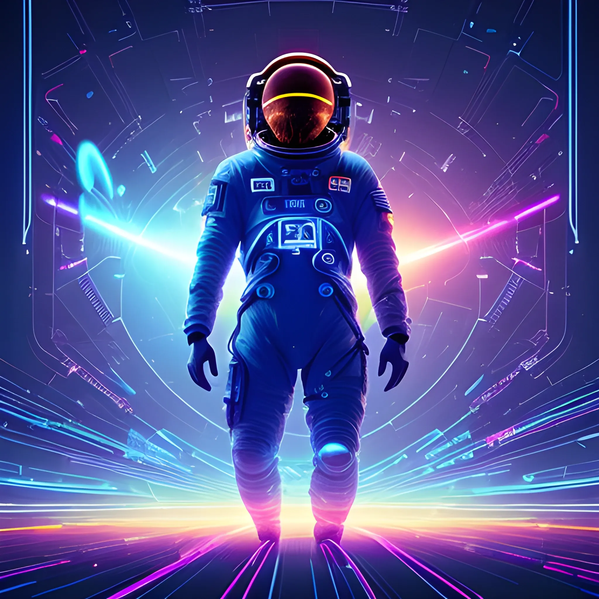 A solitary astronaut navigates through a digital cosmos, encountering fragments of canceled code and negative energy pulsating within the vacuum of space. The scene evokes a Tron-like aesthetic, with neon grids and schematics enveloping the astronaut's spacesuit. Despite the overwhelming presence of the void, splashes of vibrant blue, orange, and yellow crackle with electricity, illuminating the astronaut's path. The atmosphere is charged with uncertainty and curiosity, reflecting a dystopian, synthwave vibe.