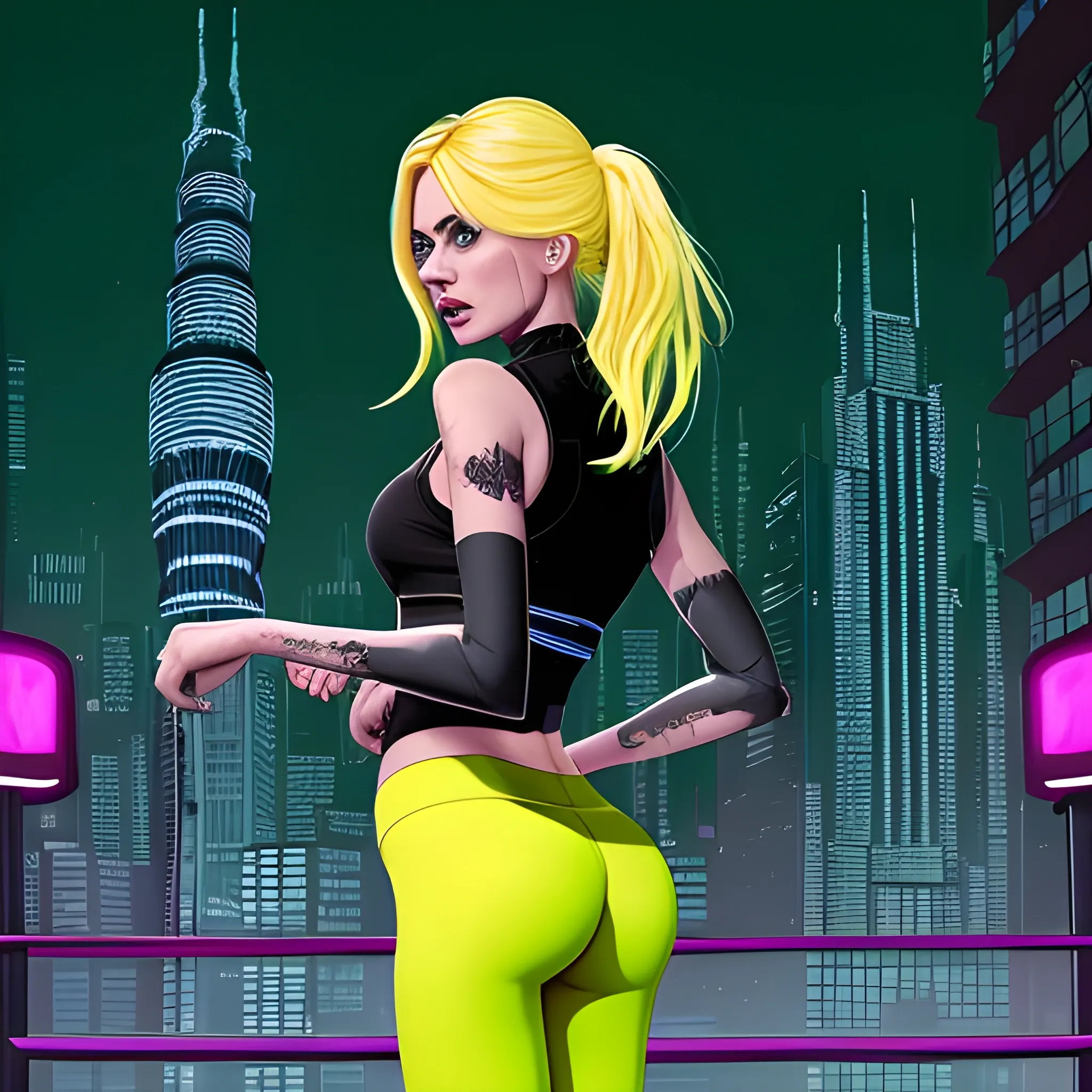 A digital illustration of a blonde influencer, Emma, in vibrant yellow yoga pants, standing in an urban cityscape with towering skyscrapers and a neon-lit street. She is striking a pose with a large, talking anaconda named Kaa, who is slithering towards her with its hypnotic eyes glowing. The anaconda is a deep, ominous green with black scales, and its mouth is slightly open, revealing sharp fangs. The atmosphere is dark and foreboding, with shadows creeping around the edges of the image.