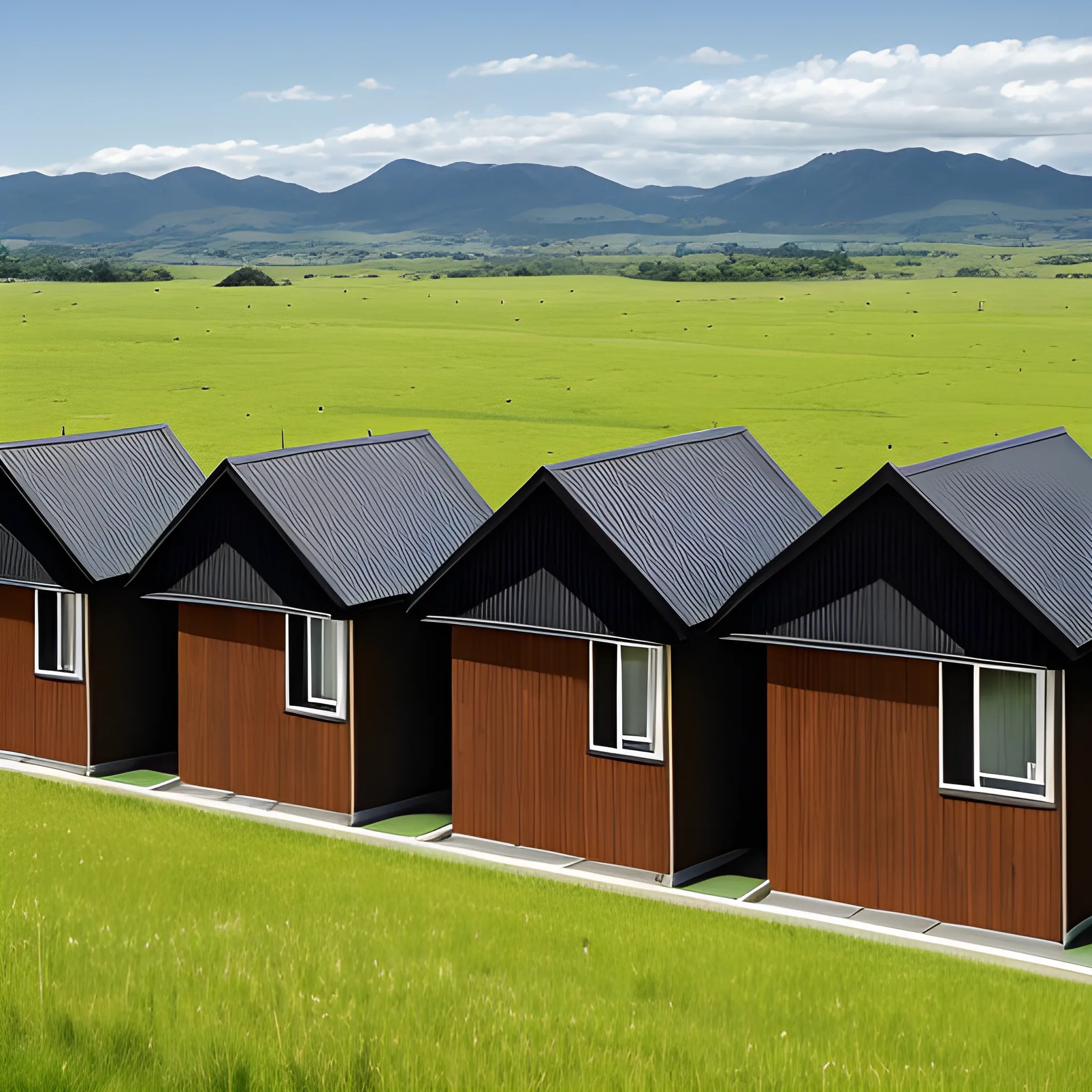 Slim black wooden houses that have grass roofs sit on an expansive grass plain. In the far distance is hills.