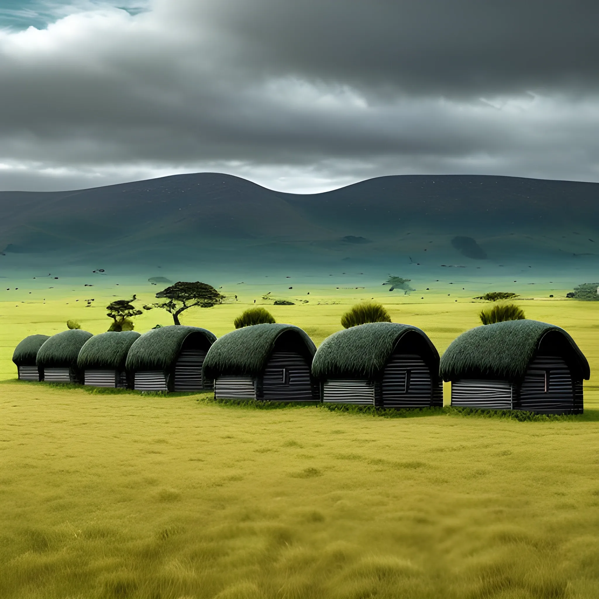 This is a fantasy scene. Slim black wood huts that have grass roofs sit on an expansive grass plain. In the far distance is hills. There are no trees.