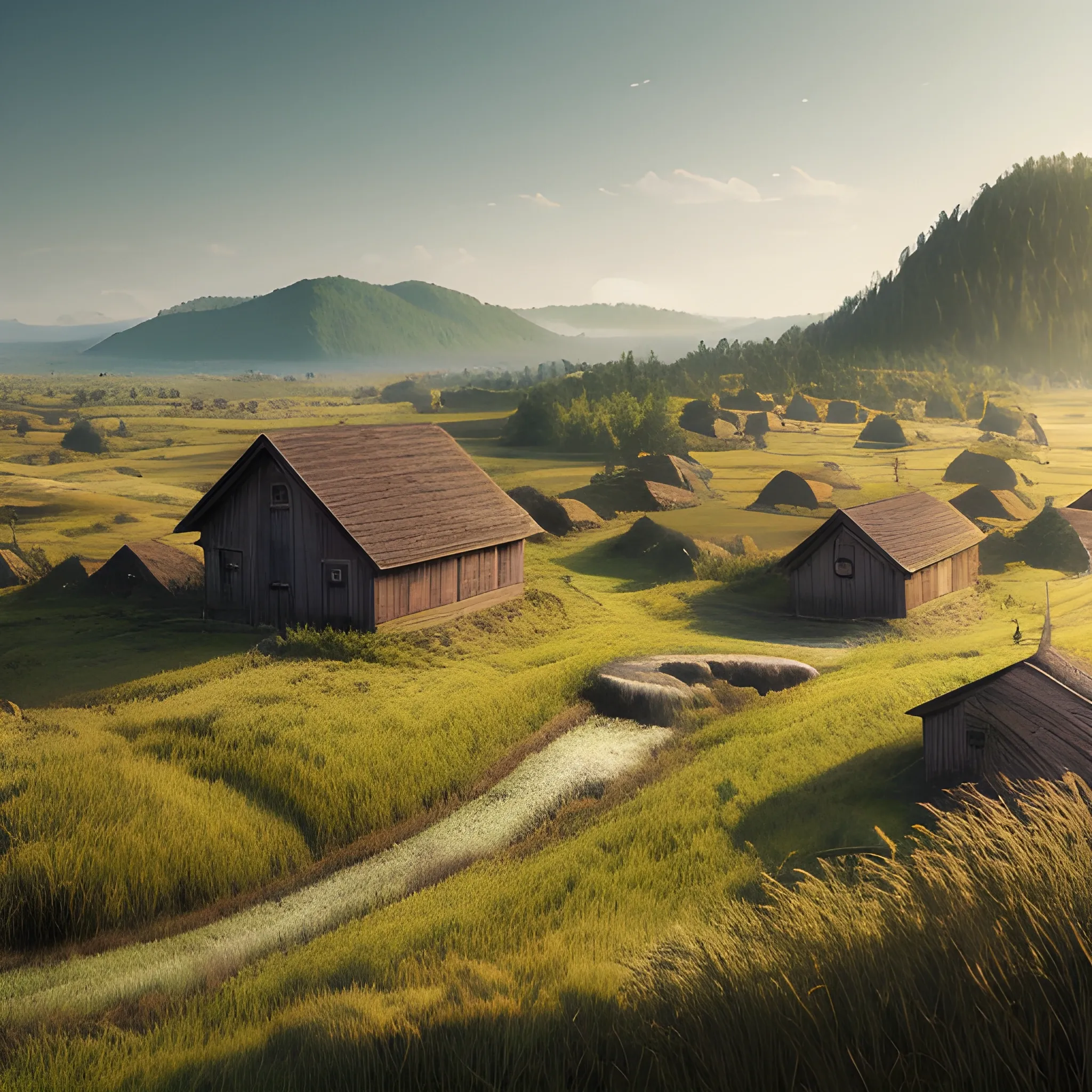 A realistic beautiful natural landscape, 4k resolution, hyper detailed, wood houses, no trees, grass plains, distant hill