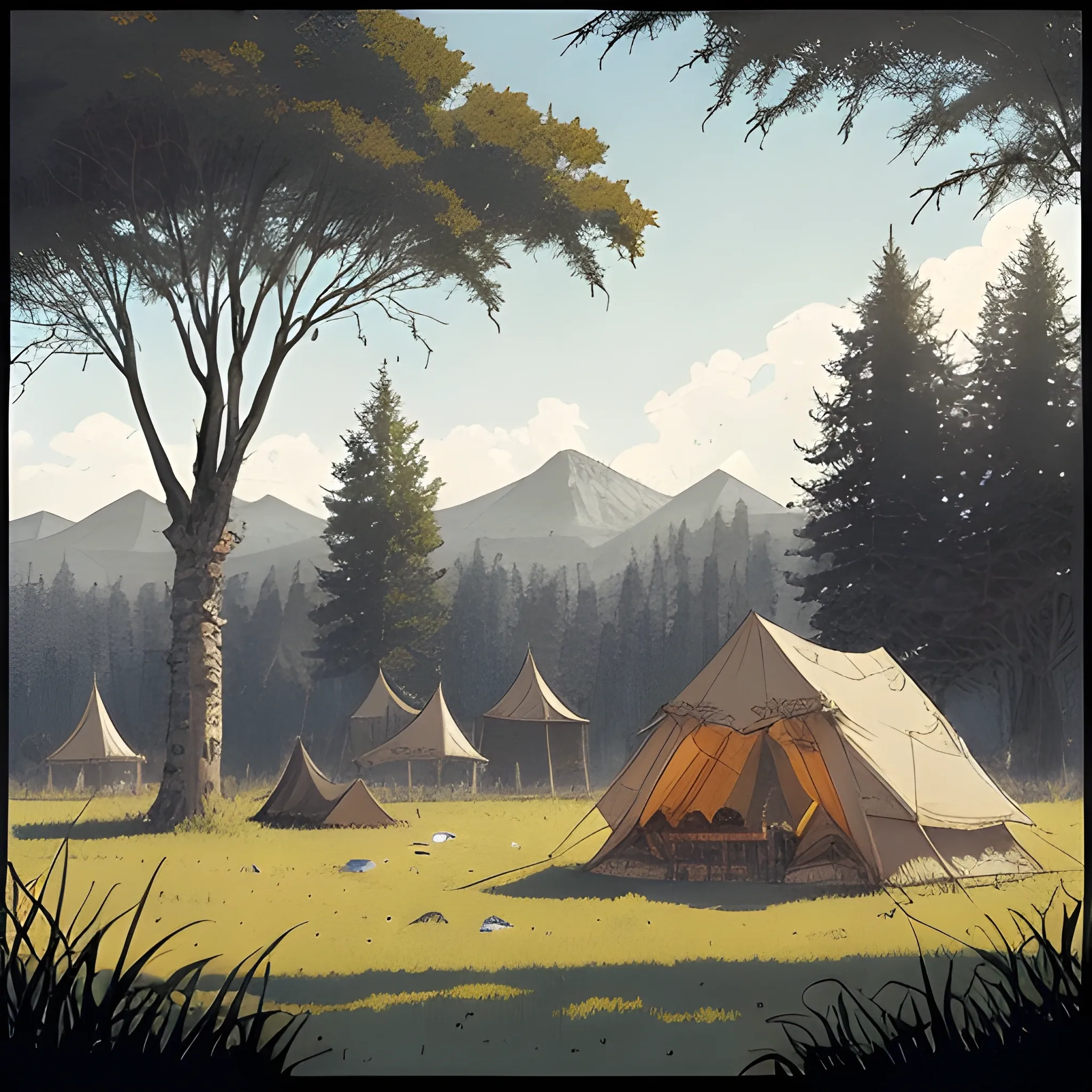 beautiful matte art of a black wood encampment in a serene grass plains landscape, by albert bierstadt, green grass, highly detailed, crystal lighting, mystical, forest in far bCKGROUND, hyperrealistic, 4 k, unreal engine, magical, by joe fenton, by greg rutkowski, by greg tocchini, by kaws, by kate beaton, by kaethe butcher 