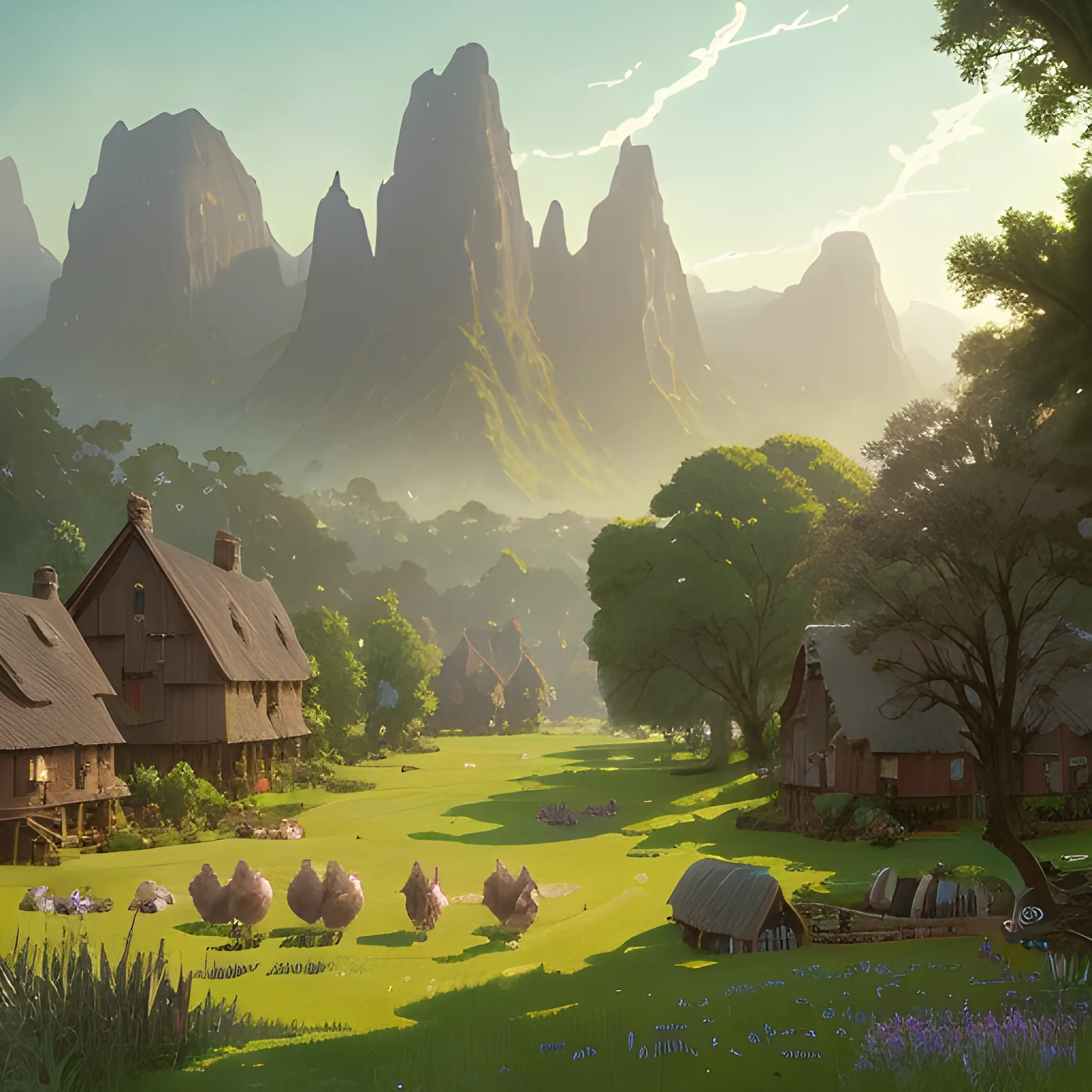 beautiful matte art of a village in a serene grass plains landscape, by albert bierstadt, green grass, highly detailed, crystal lighting, mystical, forest in far bCKGROUND, hyperrealistic, 4 k, unreal engine, magical, by joe fenton, by greg rutkowski, by greg tocchini, by kaws, by kate beaton, by kaethe butcher 