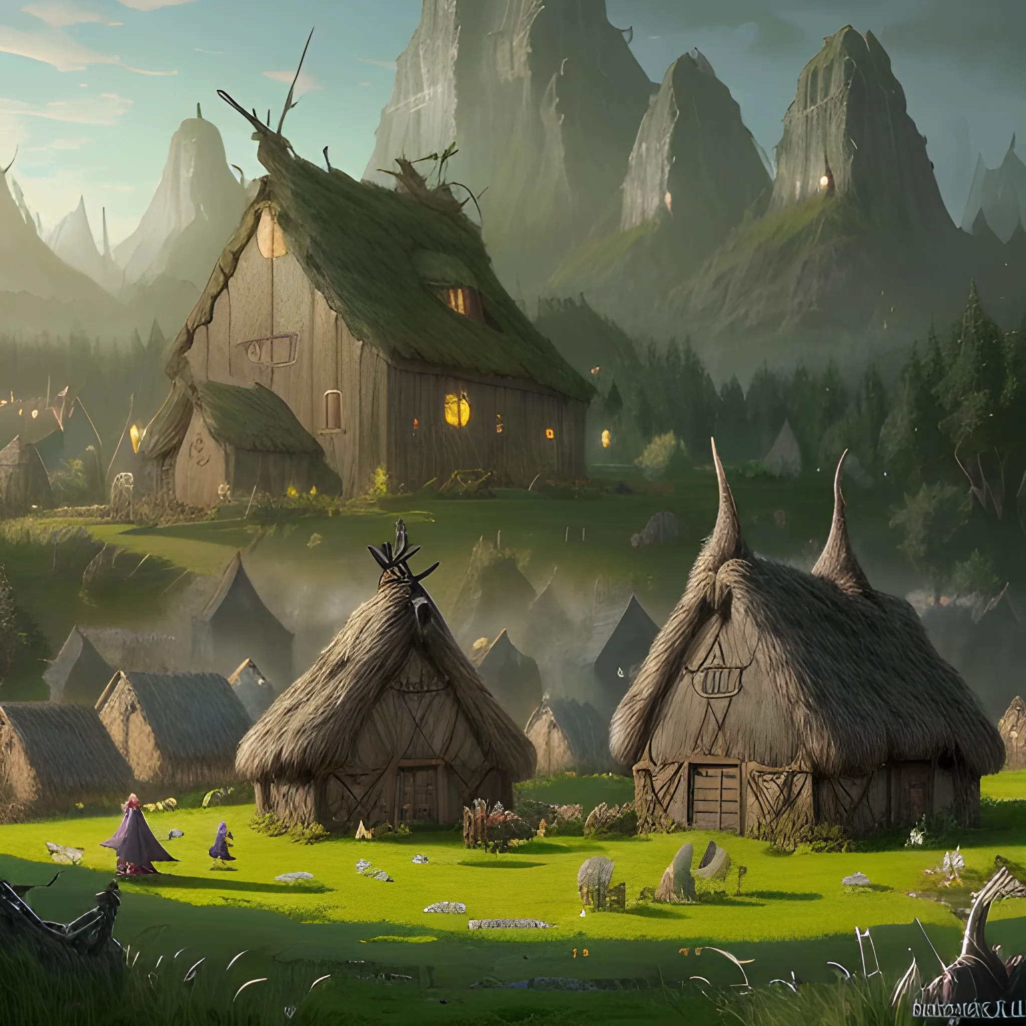 beautiful matte art of a viking village in a grass landscape, by albert bierstadt, green grass, highly detailed, crystal lighting, mystical, woods in background, hyperrealistic, 4 k, unreal engine, magical, by joe fenton, by greg rutkowski, by greg tocchini, by kaws, by kate beaton, by kaethe butcher 