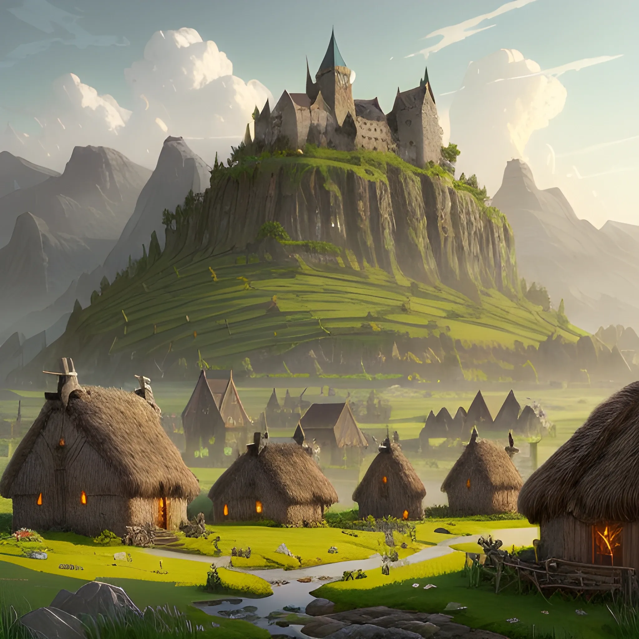 beautiful matte art of a viking village in a grass landscape, by albert bierstadt, green grass, highly detailed, crystal lighting, mystical, hills in far away background, hyperrealistic, 4 k, unreal engine, magical, by joe fenton, by greg rutkowski, by greg tocchini, by kaws, by kate beaton, by kaethe butcher 