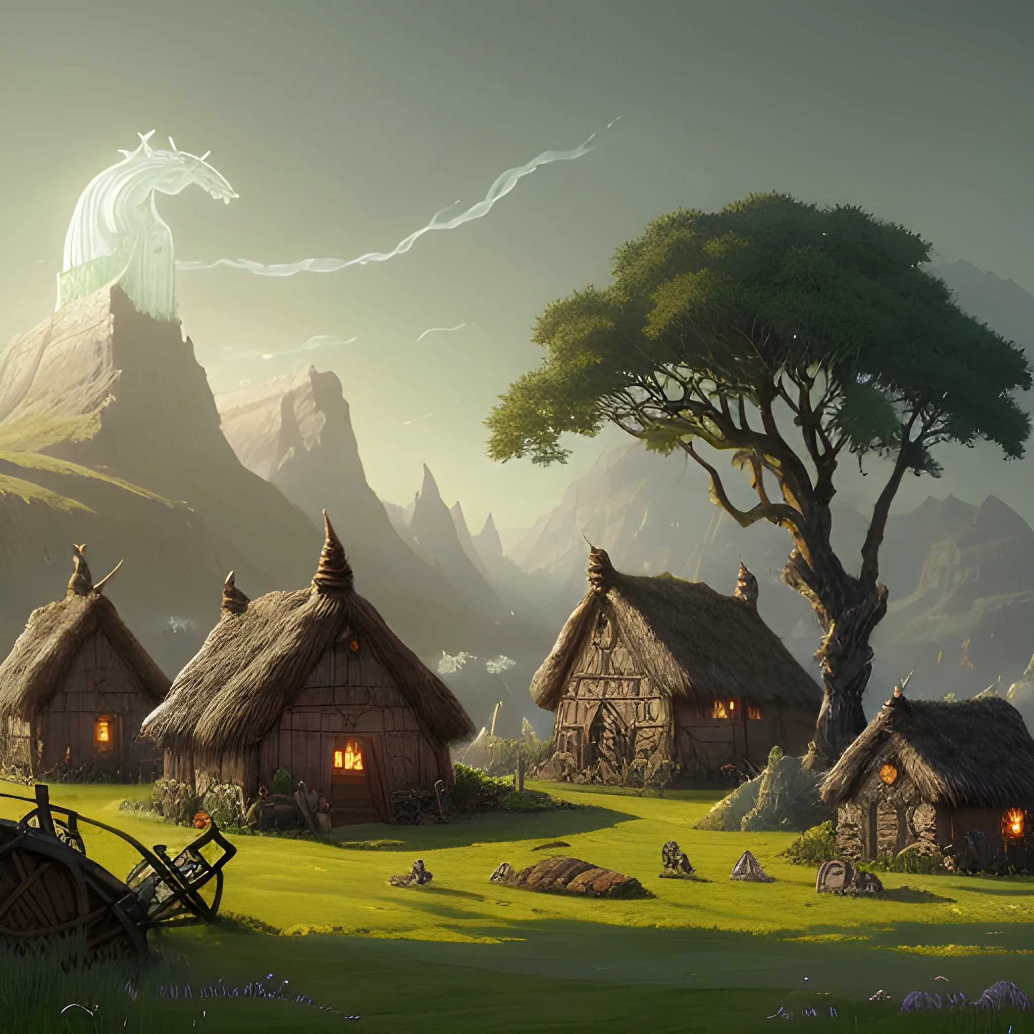 beautiful matte art of a viking village in a grass landscape, by albert bierstadt, green grass, highly detailed, crystal lighting, mystical, hyperrealistic, 4 k, unreal engine, magical, by joe fenton, by greg rutkowski, by greg tocchini, by kaws, by kate beaton, by kaethe butcher 